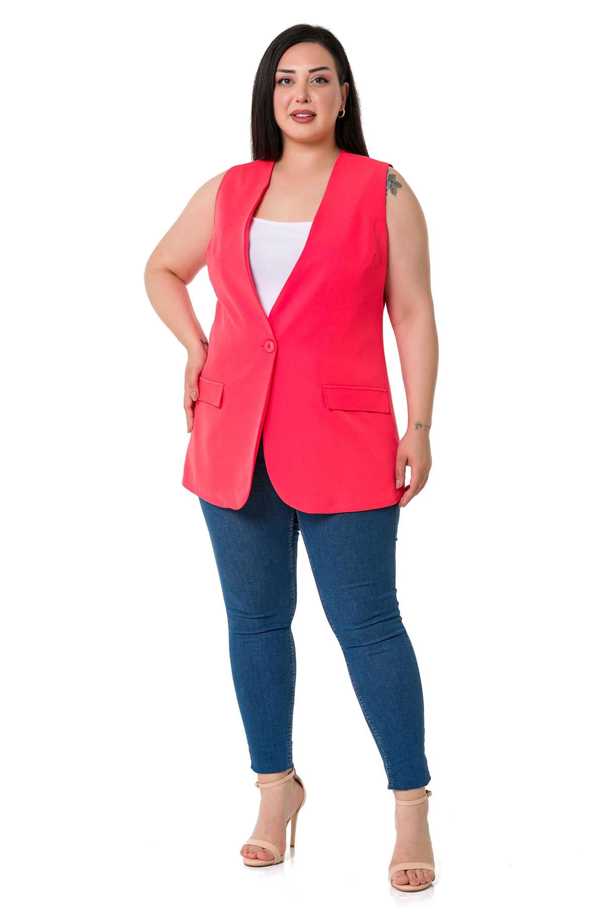 Plus Size Single Buttoned Coral Lined Vest with Ornamental Pocket Cover