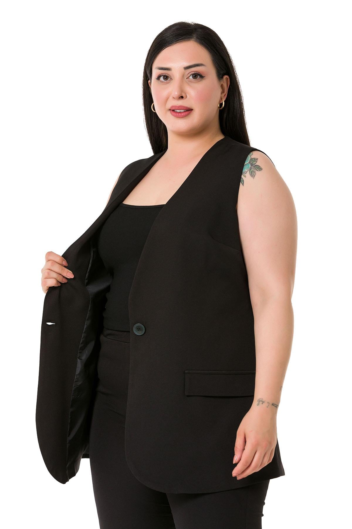 Plus Size Single Buttoned Black Lined Vest with Ornamental Pocket Cover