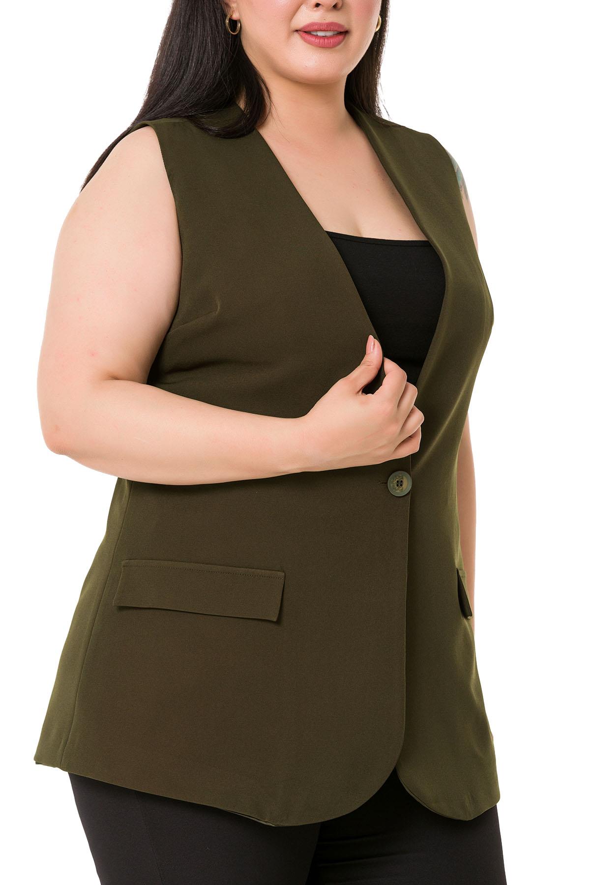 Plus Size Single Buttoned Coral Lined Vest with Ornamental Pocket Cover