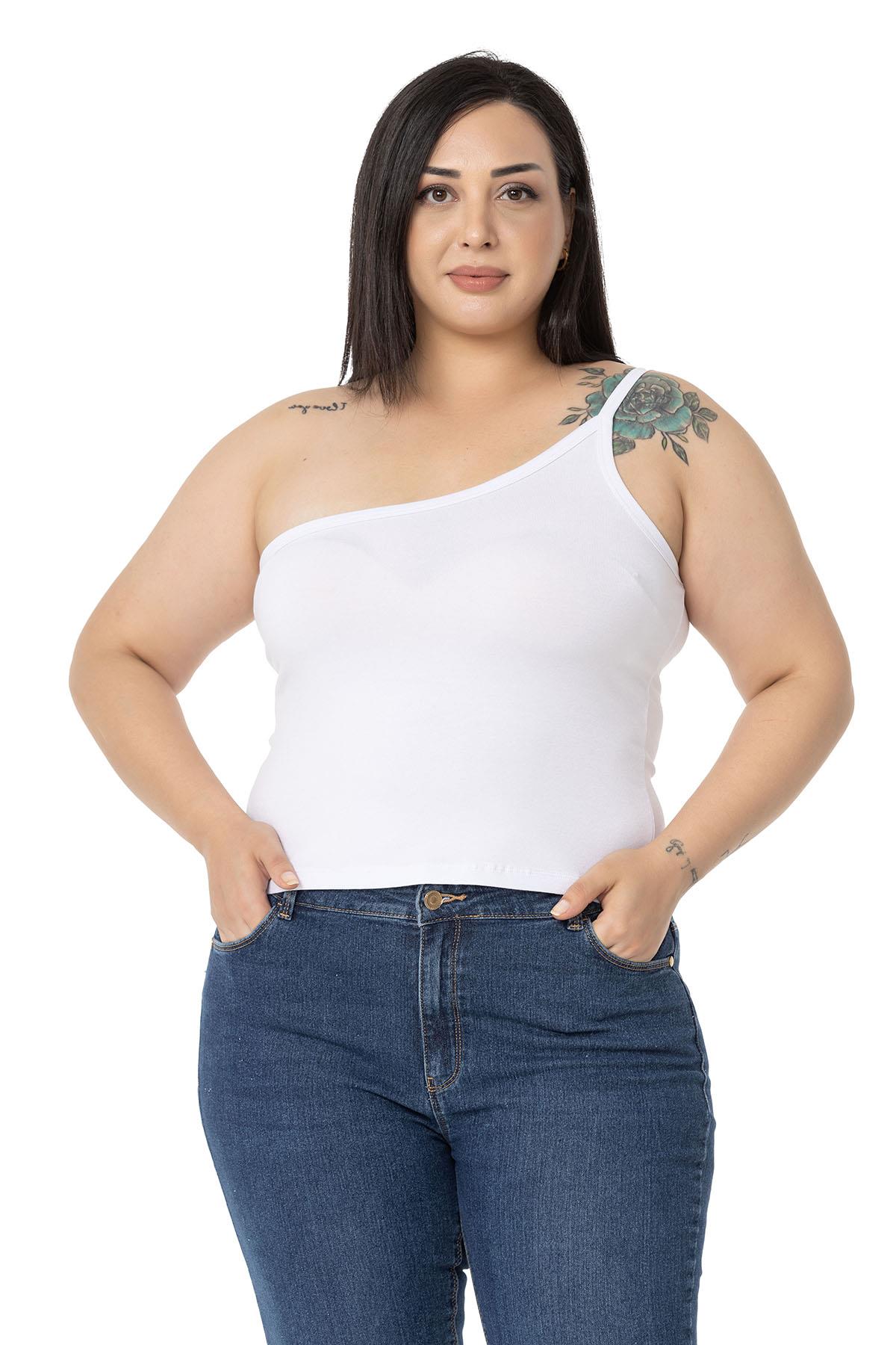 Büyük Beden Tek Omuz Dekolteli Viskon Beyaz Body