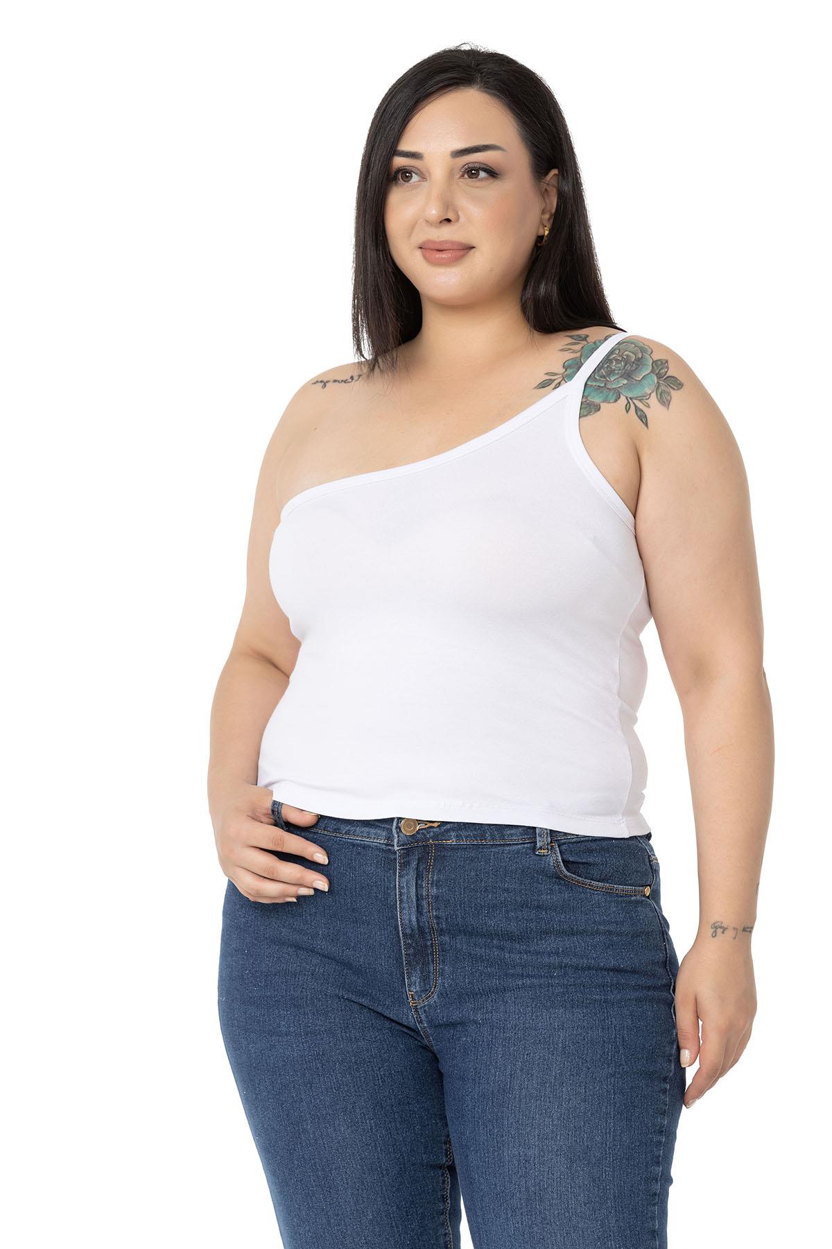 Büyük Beden Tek Omuz Dekolteli Viskon Beyaz Body