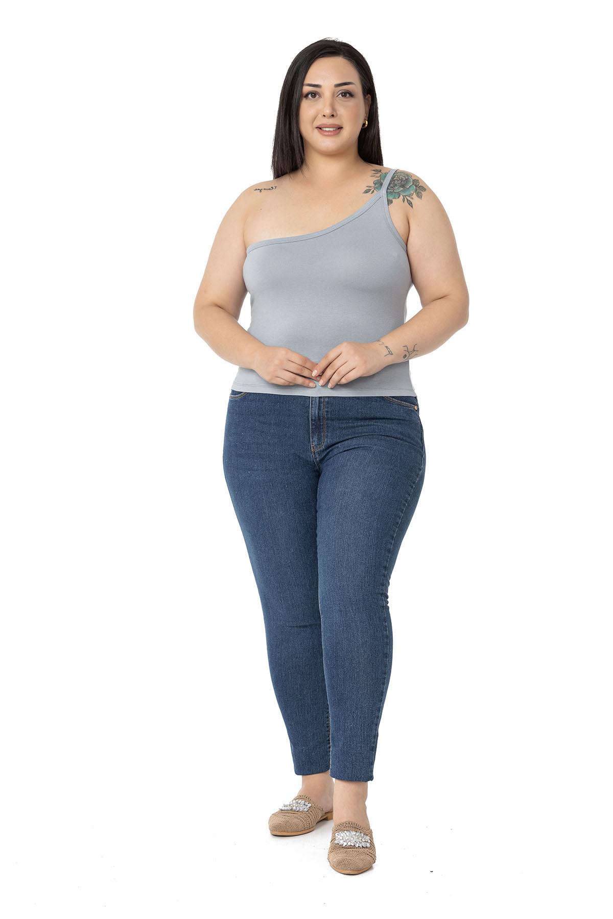 Büyük Beden Tek Omuz Dekolteli Viskon Gri Body