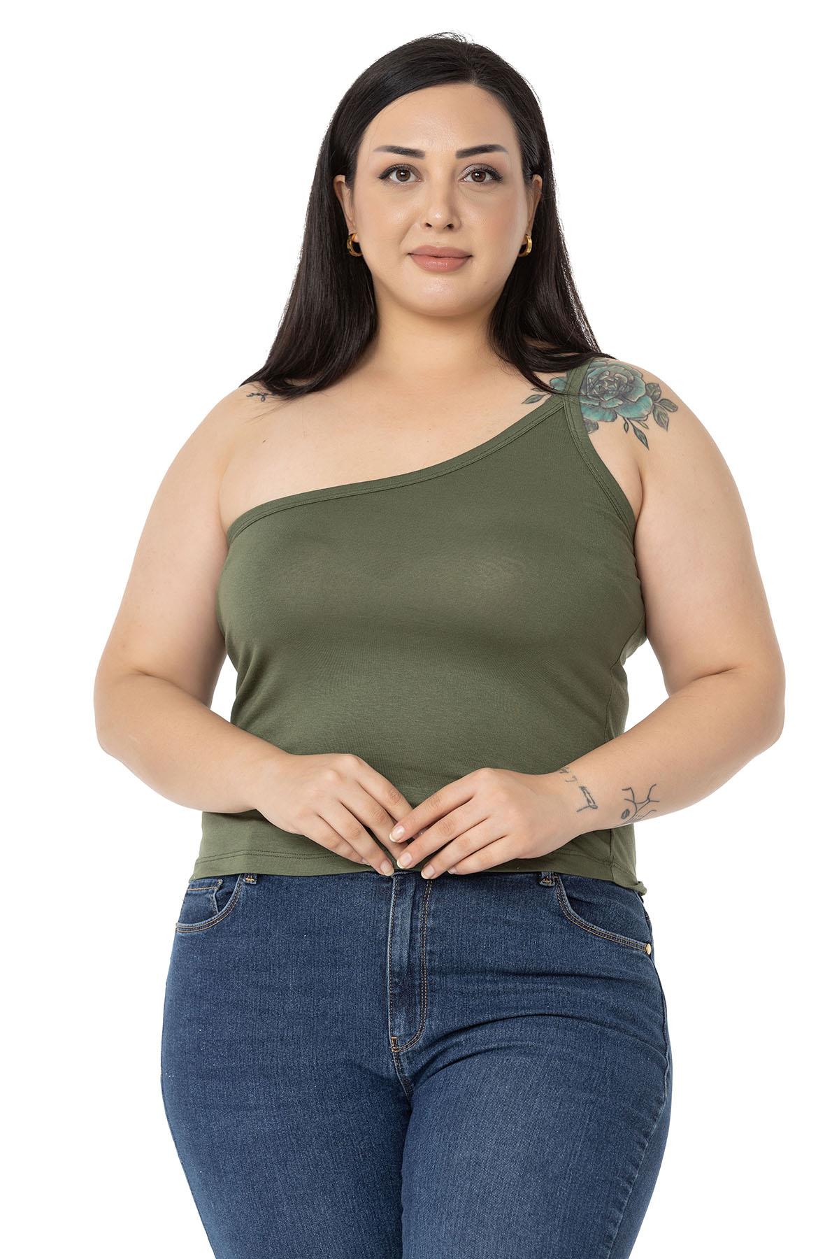 Büyük Beden Tek Omuz Dekolteli Viskon Haki Body