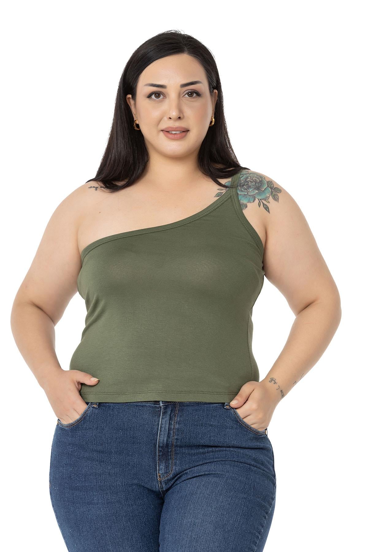 Büyük Beden Tek Omuz Dekolteli Viskon Haki Body