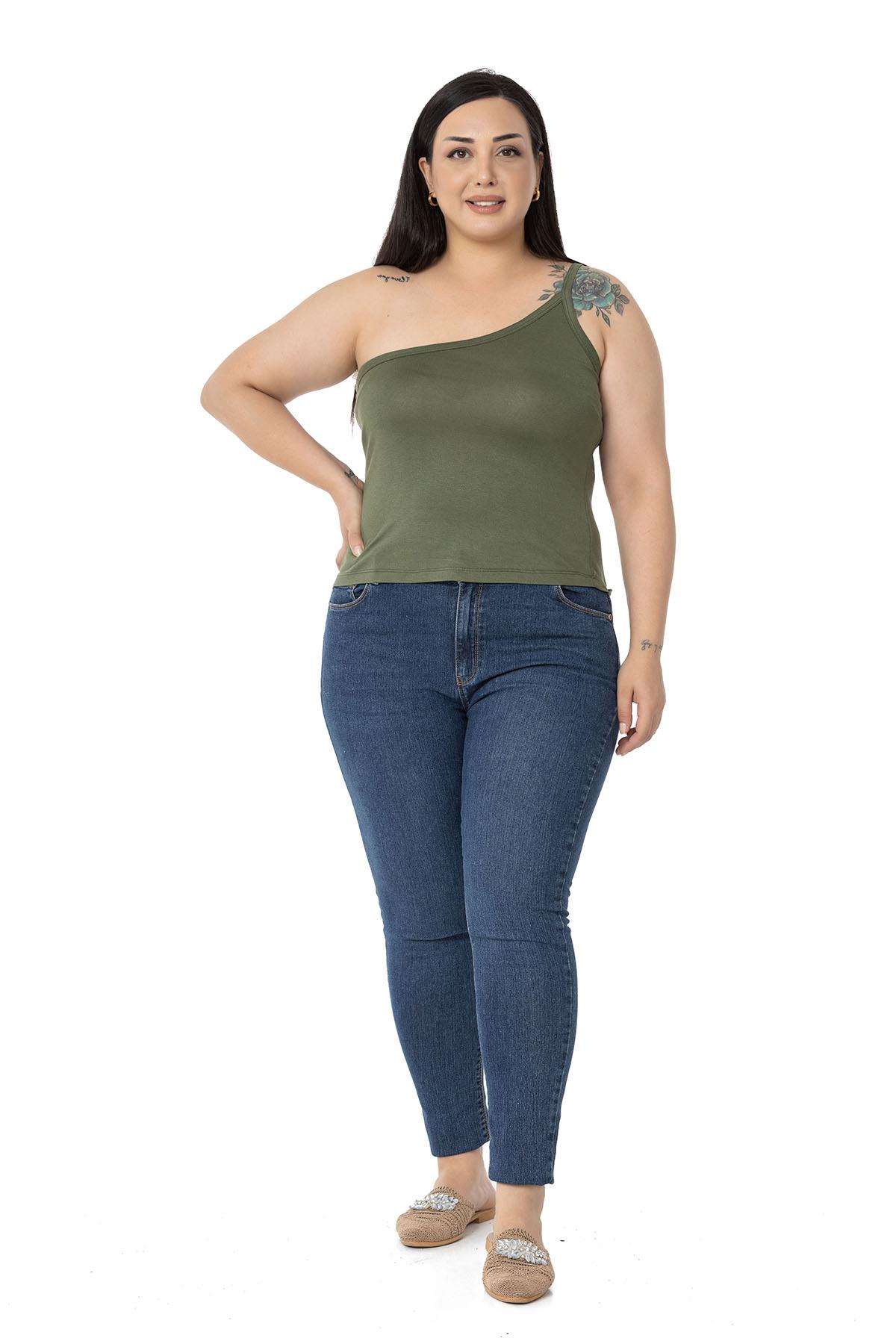 Büyük Beden Tek Omuz Dekolteli Viskon Haki Body