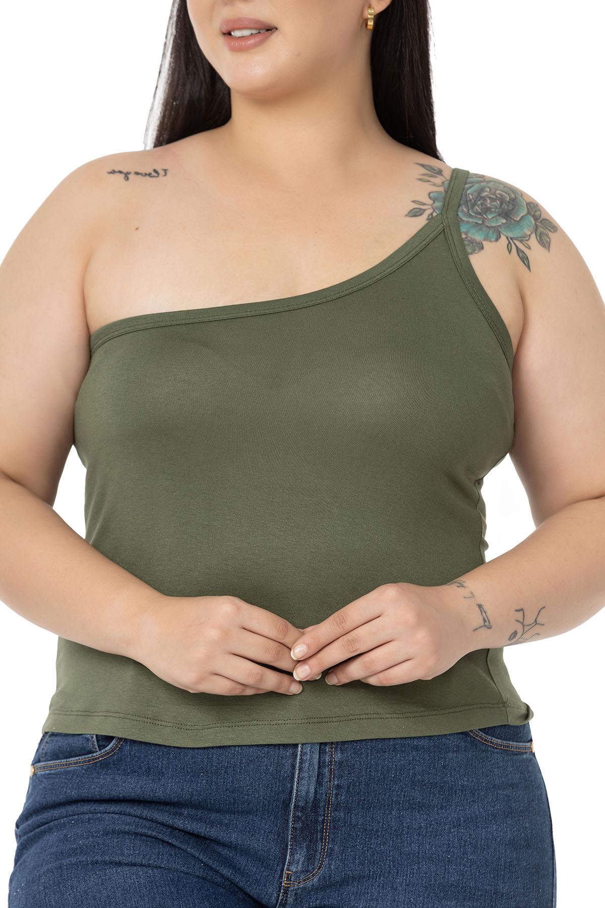 Büyük Beden Tek Omuz Dekolteli Viskon Haki Body