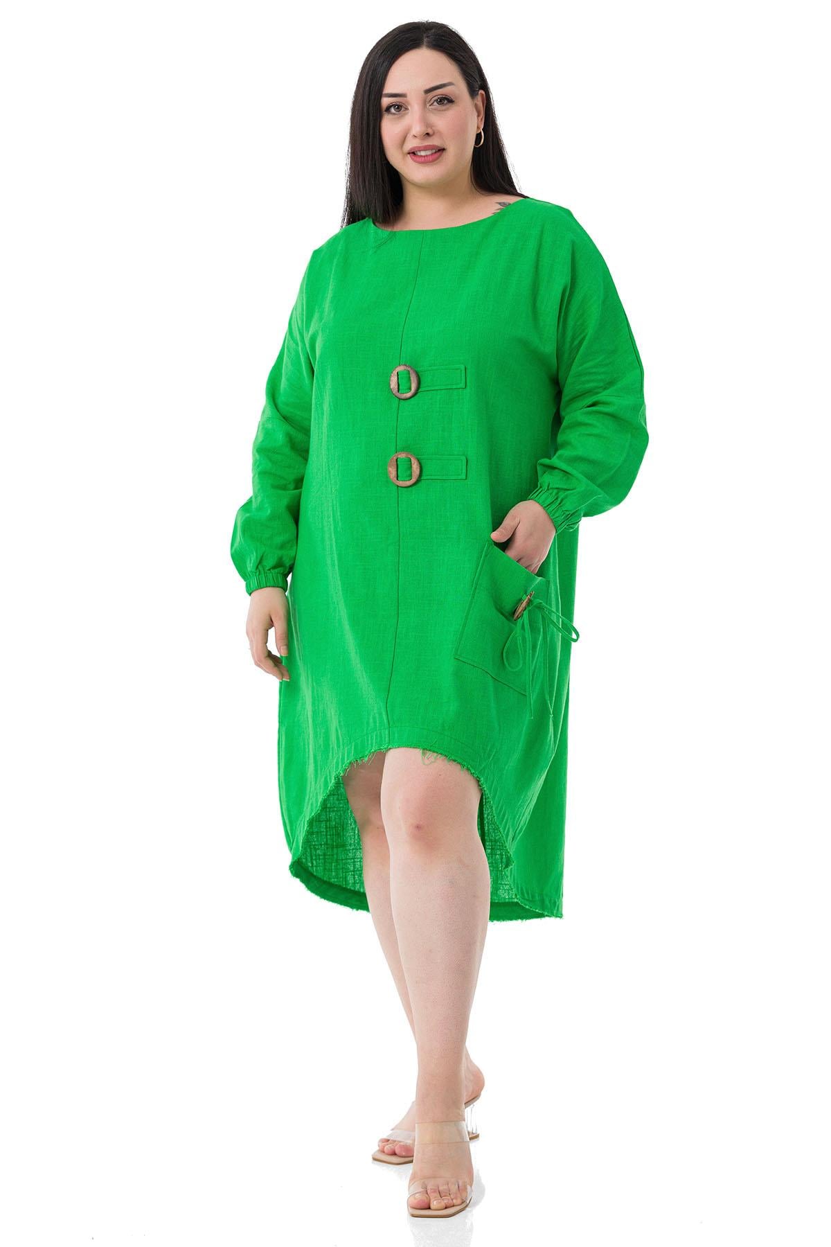 Plus Size Buckle Detailed Elastic Cuffs Long Back Linen Green Tunic Dress