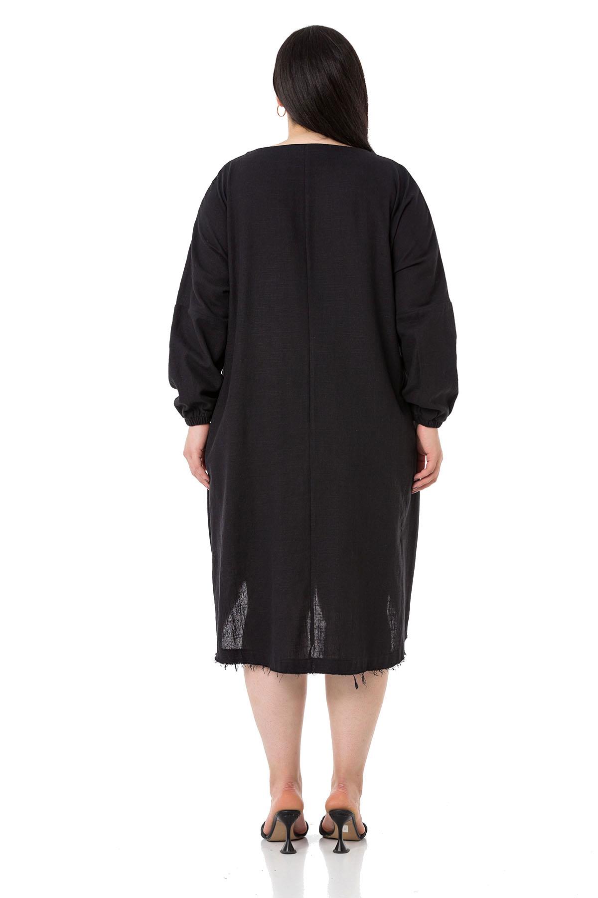 Plus Size Buckle Detailed Elastic Cuffs Long Back Linen Black Tunic Dress