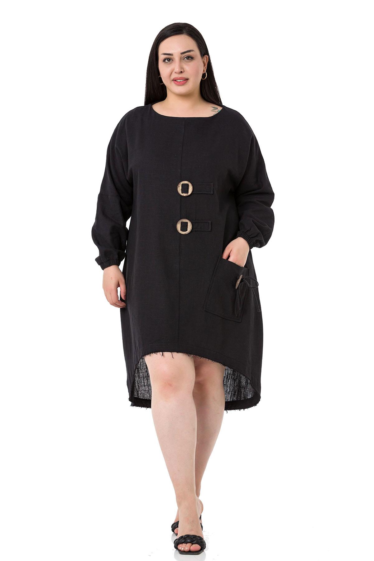 Plus Size Buckle Detailed Elastic Cuffs Long Back Linen Black Tunic Dress