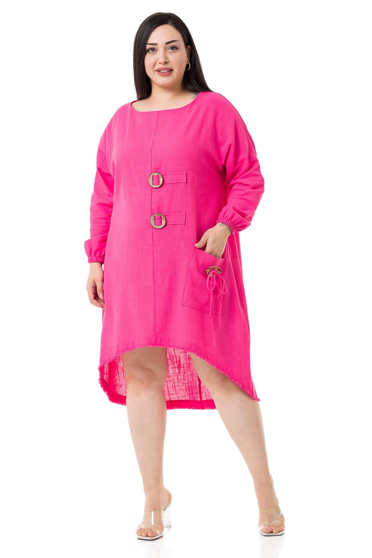Plus Size Buckle Detailed Elastic Cuffs Long Back Linen Fuchsia Tunic Dress