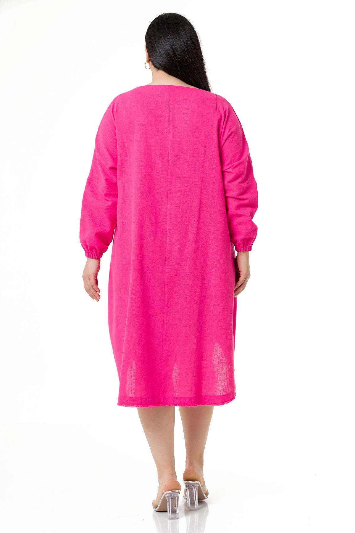 Plus Size Buckle Detailed Elastic Cuffs Long Back Linen Fuchsia Tunic Dress