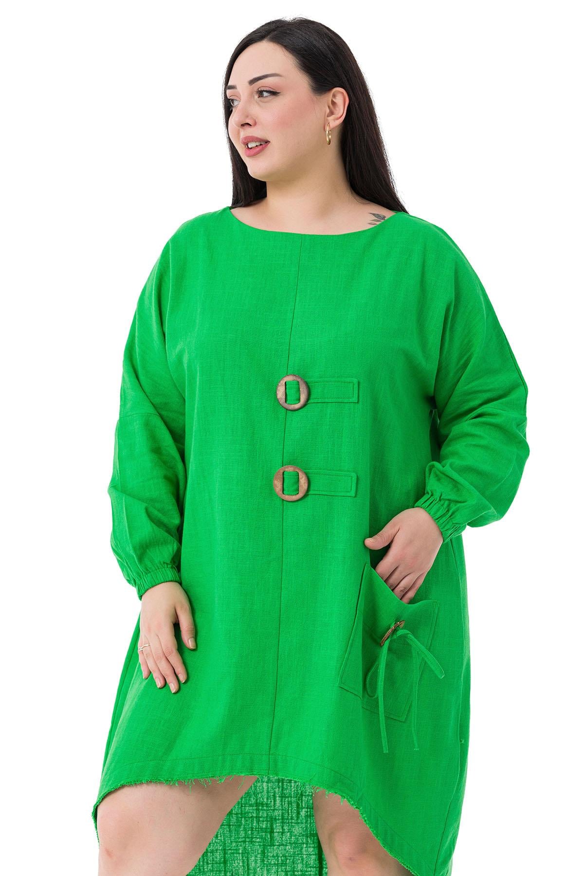 Plus Size Buckle Detailed Elastic Cuffs Long Back Linen Green Tunic Dress