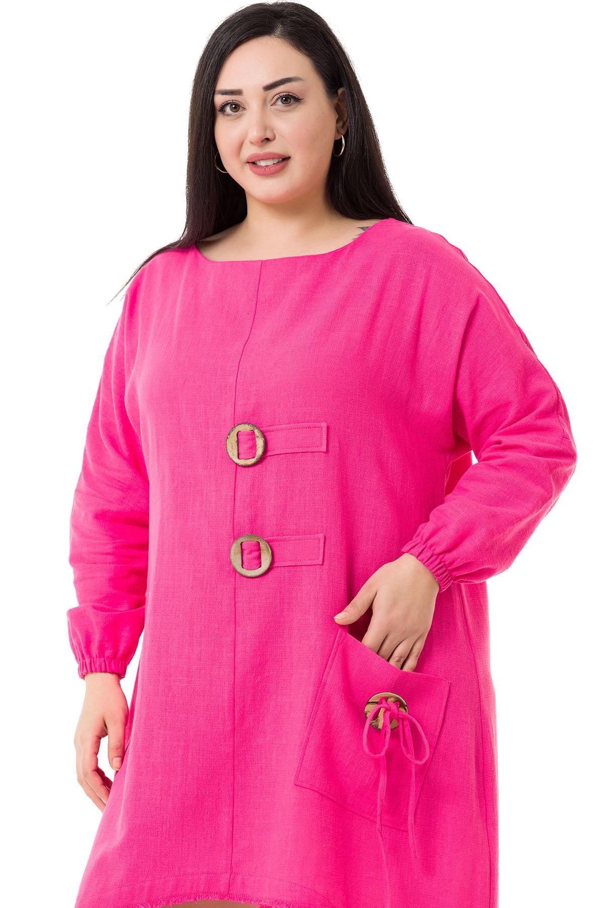 Plus Size Buckle Detailed Elastic Cuffs Long Back Linen Fuchsia Tunic Dress