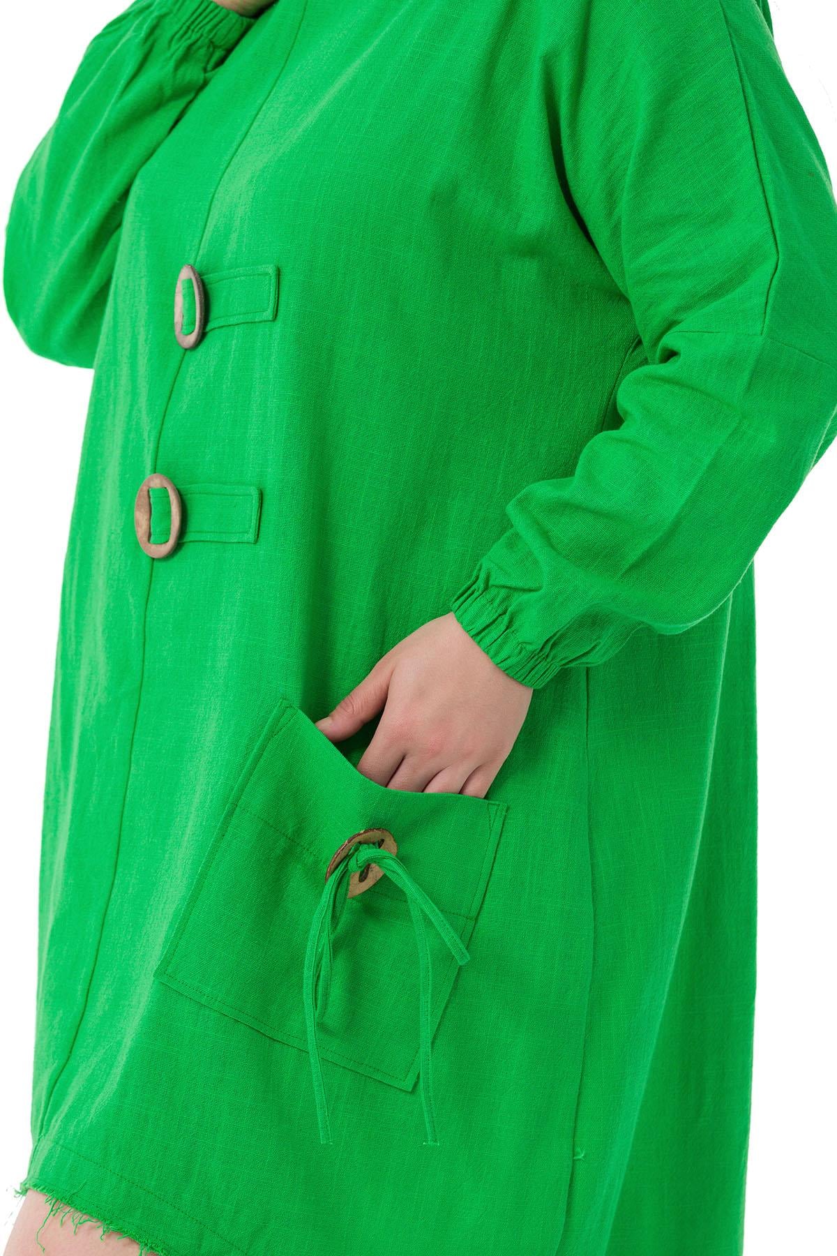 Plus Size Buckle Detailed Elastic Cuffs Long Back Linen Green Tunic Dress
