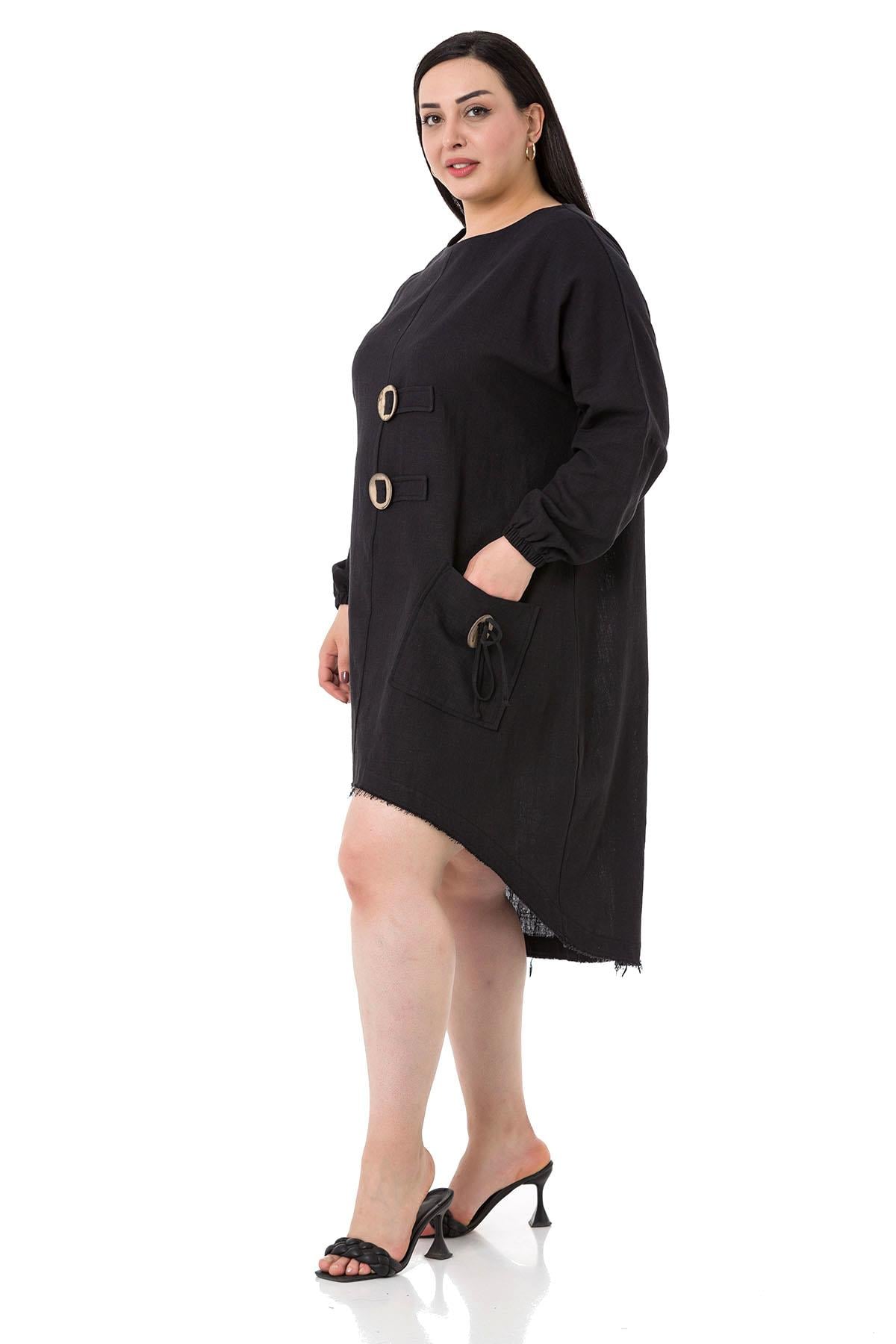 Plus Size Buckle Detailed Elastic Cuffs Long Back Linen Black Tunic Dress
