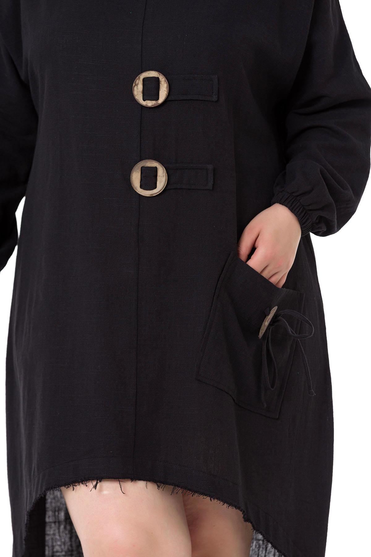 Plus Size Buckle Detailed Elastic Cuffs Long Back Linen Black Tunic Dress