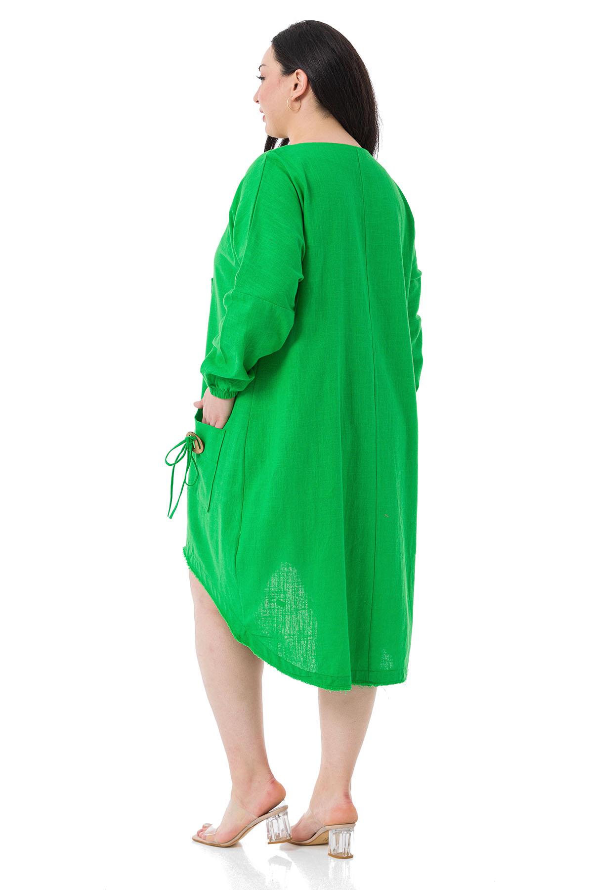 Plus Size Buckle Detailed Elastic Cuffs Long Back Linen Green Tunic Dress