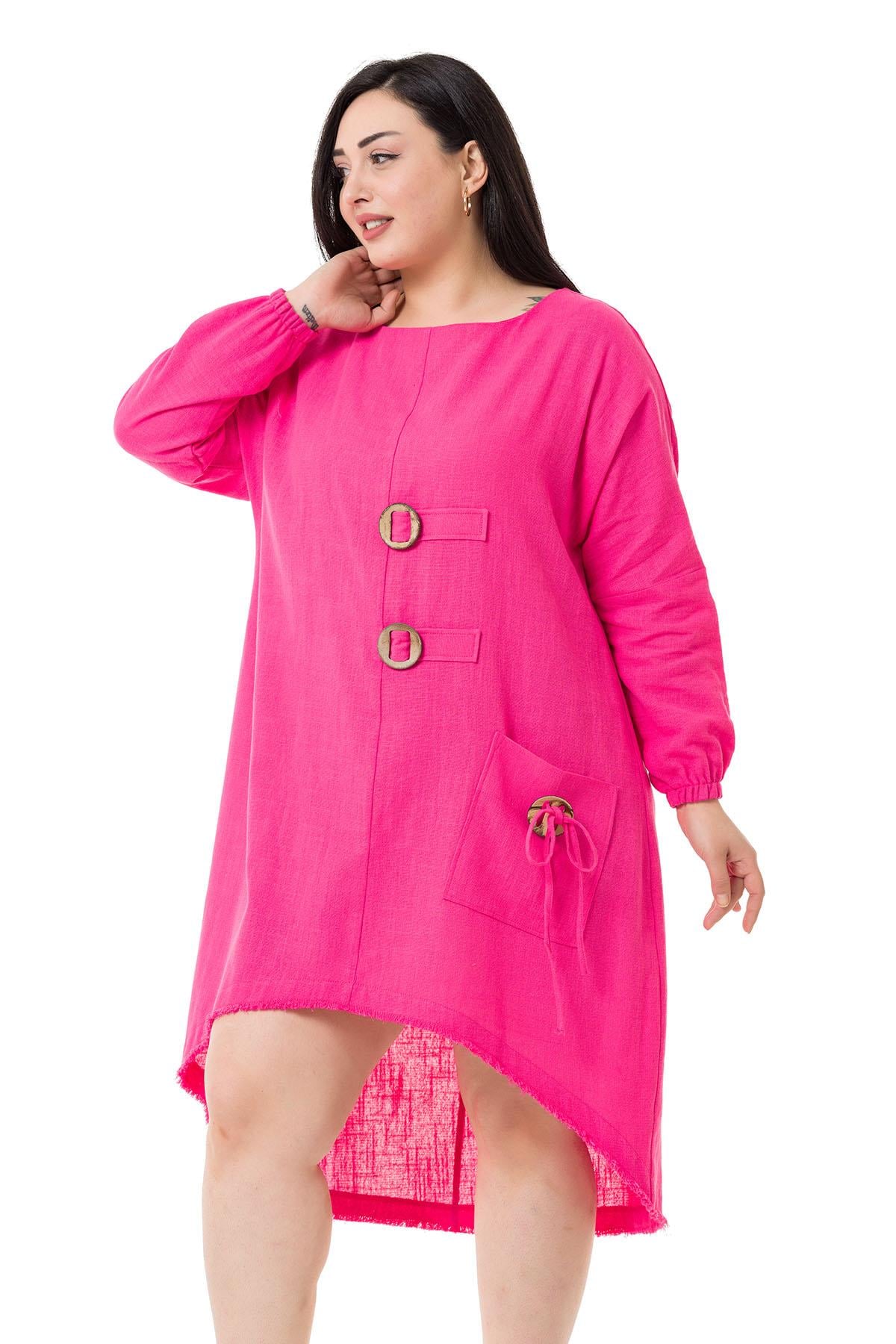 Plus Size Buckle Detailed Elastic Cuffs Long Back Linen Fuchsia Tunic Dress