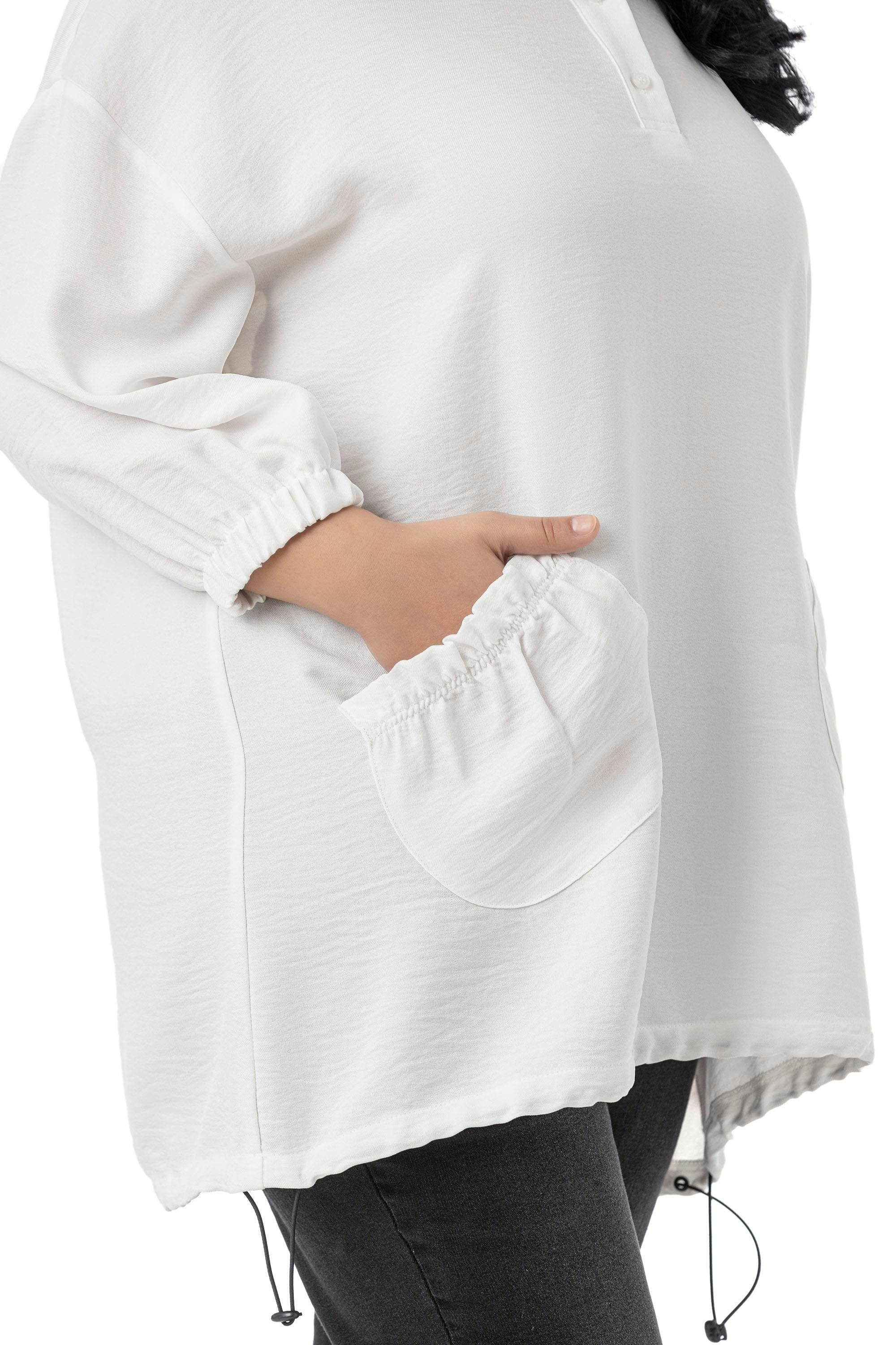 Plus Size Three Quarter Sleeve Pocket Detailed Skirt Stopper Gathered White Blouse