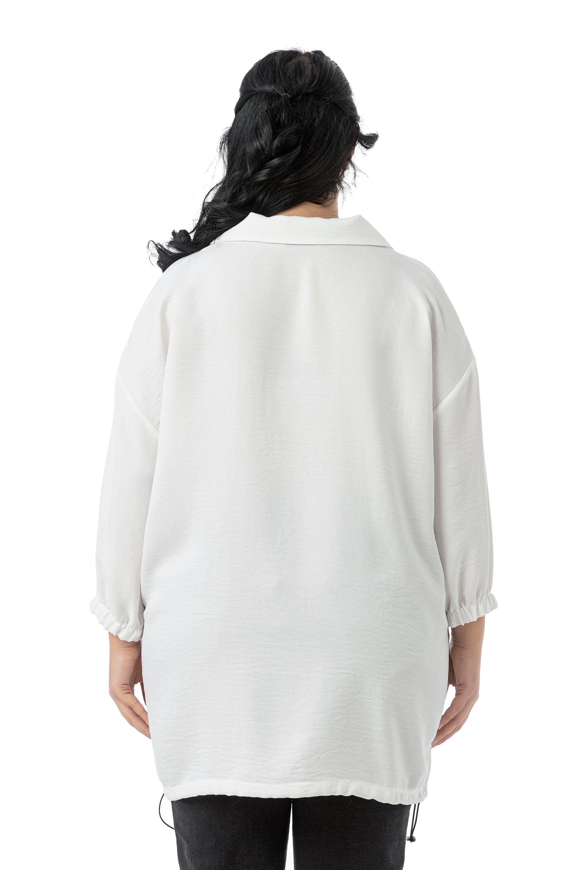 Plus Size Three Quarter Sleeve Pocket Detailed Skirt Stopper Gathered White Blouse