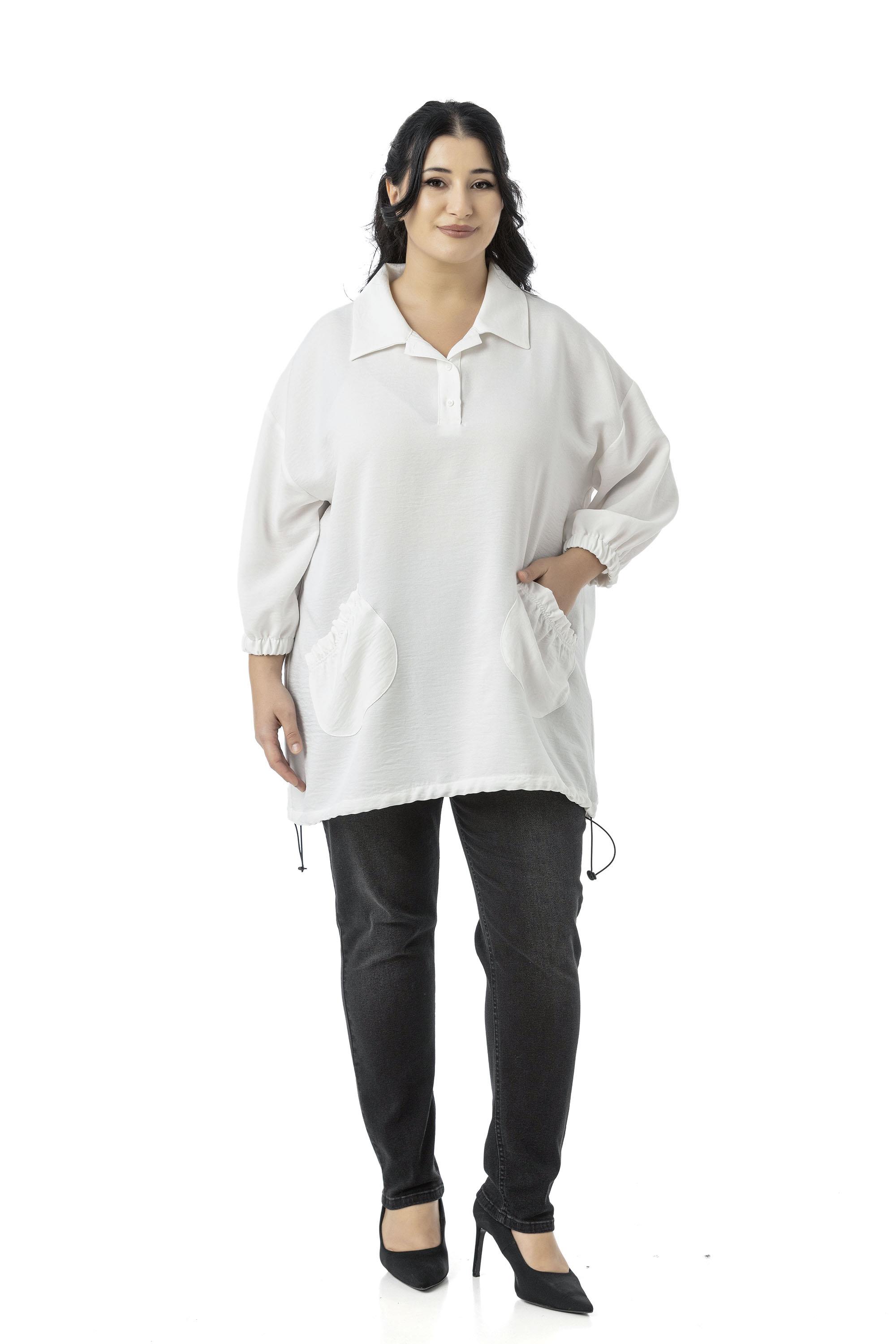 Plus Size Three Quarter Sleeve Pocket Detailed Skirt Stopper Gathered White Blouse