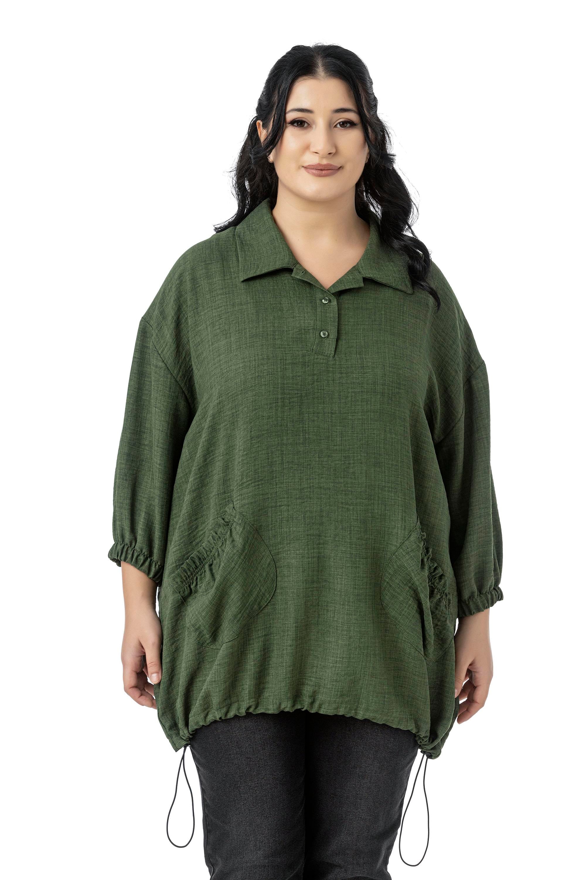 Plus Size Three Quarter Sleeve Pocket Detailed Skirt Stopper Gathered Khaki Blouse