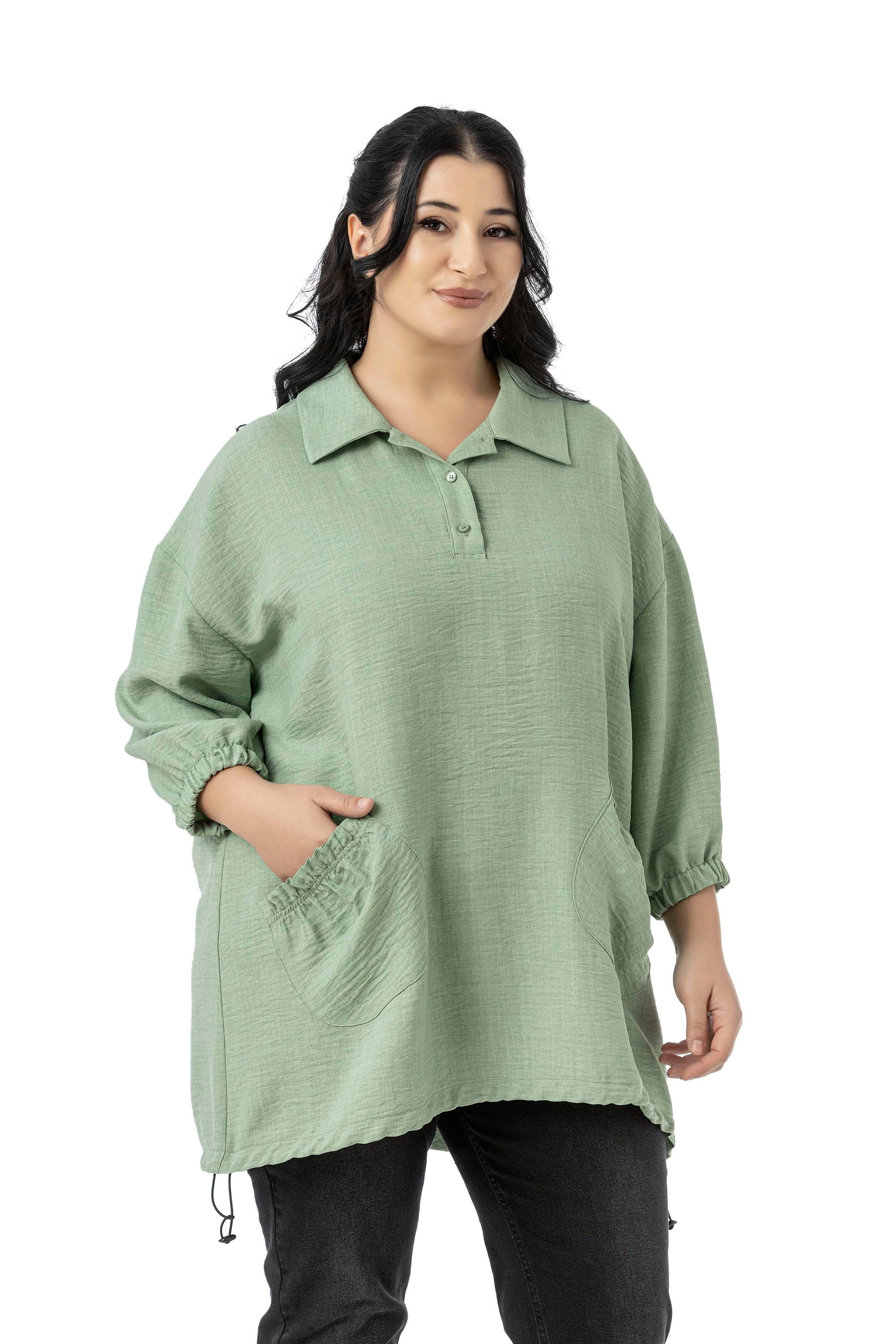 Plus Size Three Quarter Sleeve Pocket Detailed Skirt Stopper Gathered Shamrock Blouse