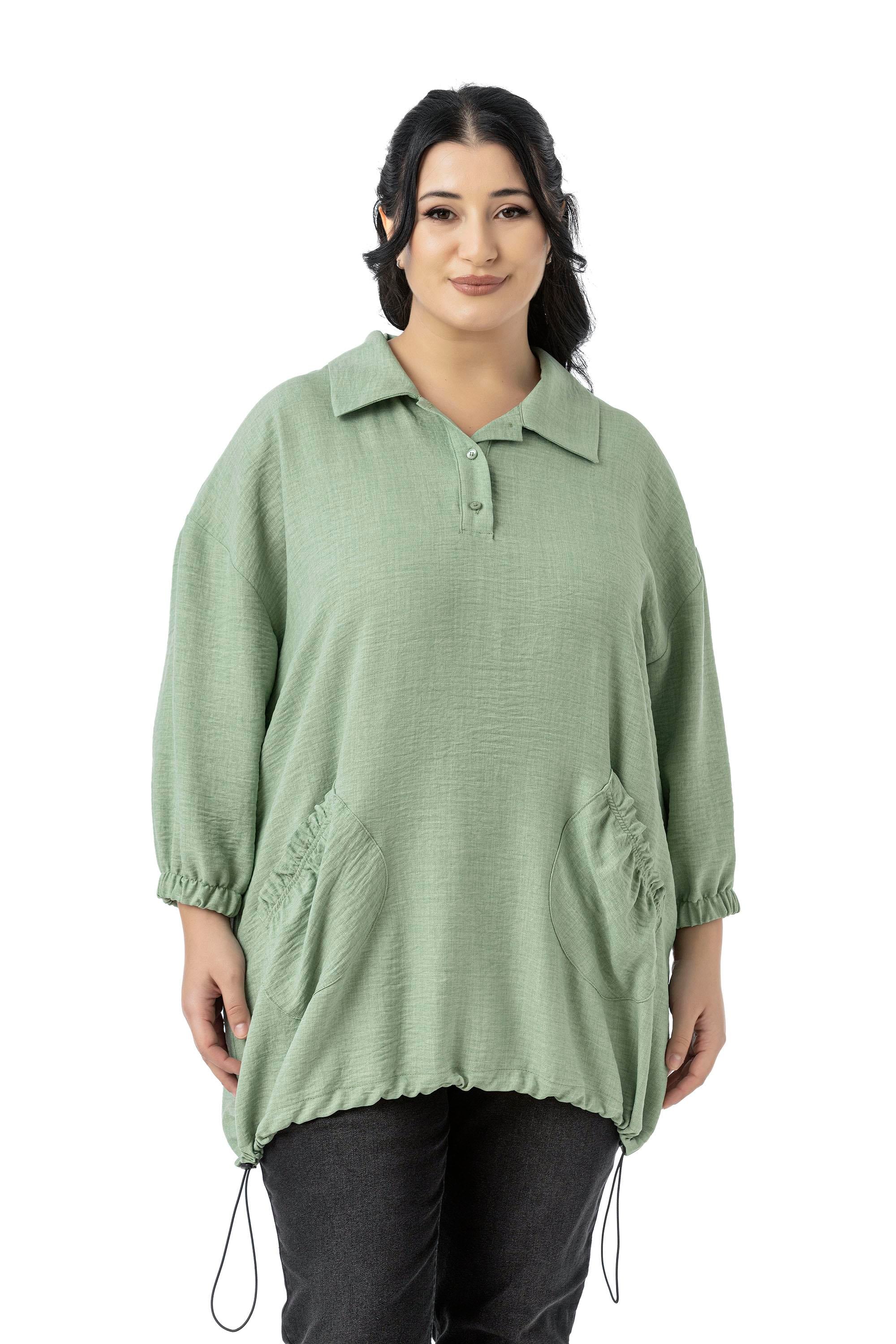Plus Size Three Quarter Sleeve Pocket Detailed Skirt Stopper Gathered Shamrock Blouse