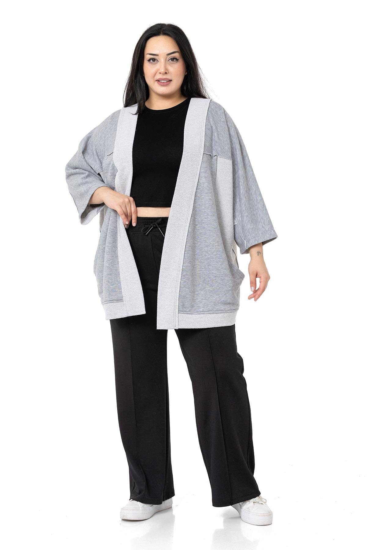 Büyük Beden Truvakar Kollu Oversize Cepli Üç İplik Gri Melanj Hırka