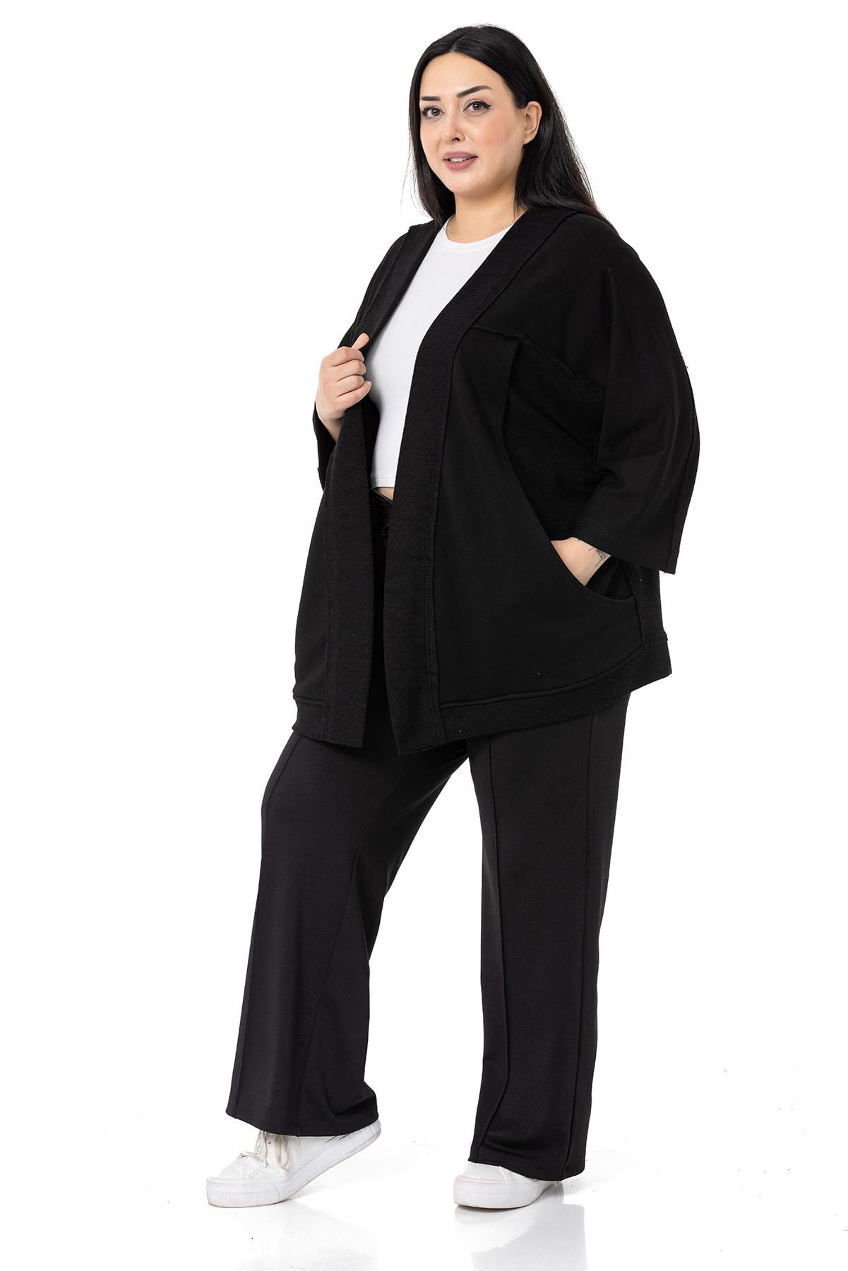 Plus Size Three Quarter Sleeve Oversize Pocket Three Thread Black Cardigan