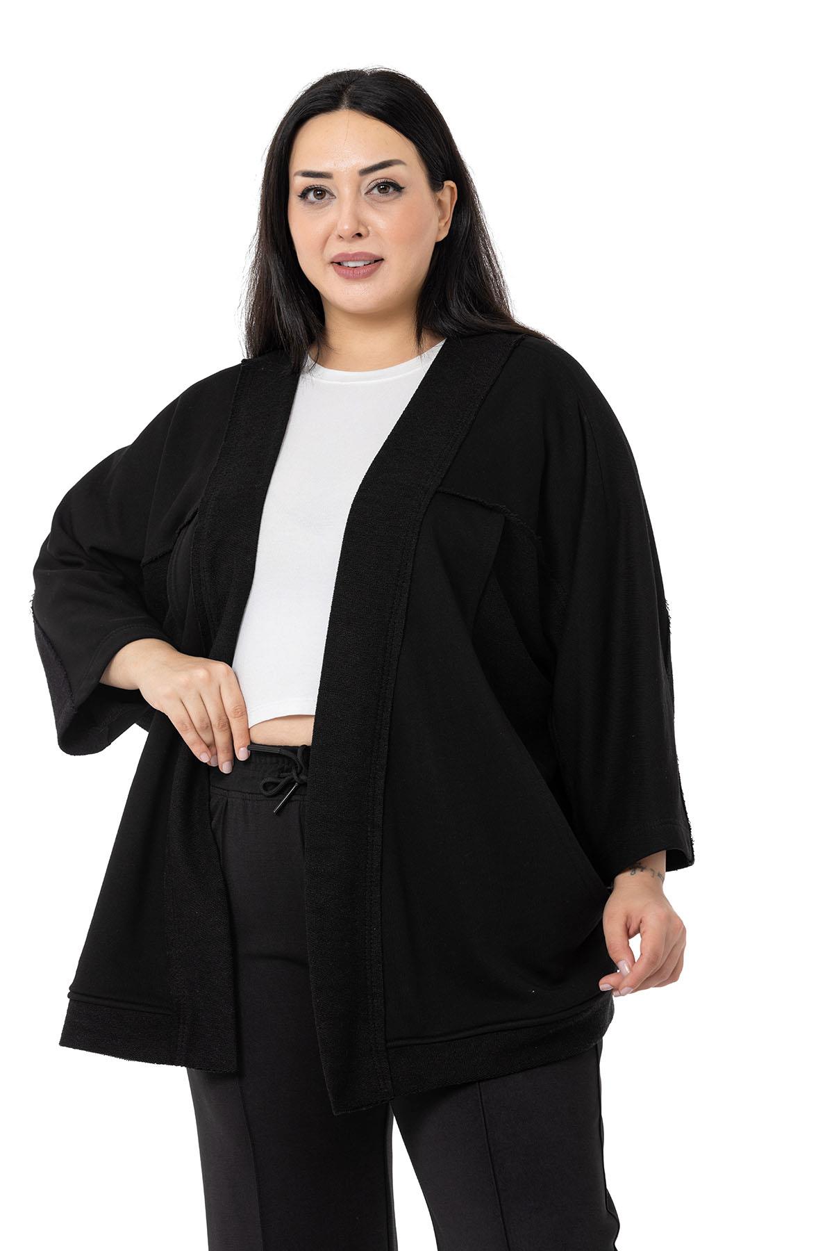 Plus Size Three Quarter Sleeve Oversize Pocket Three Thread Black Cardigan