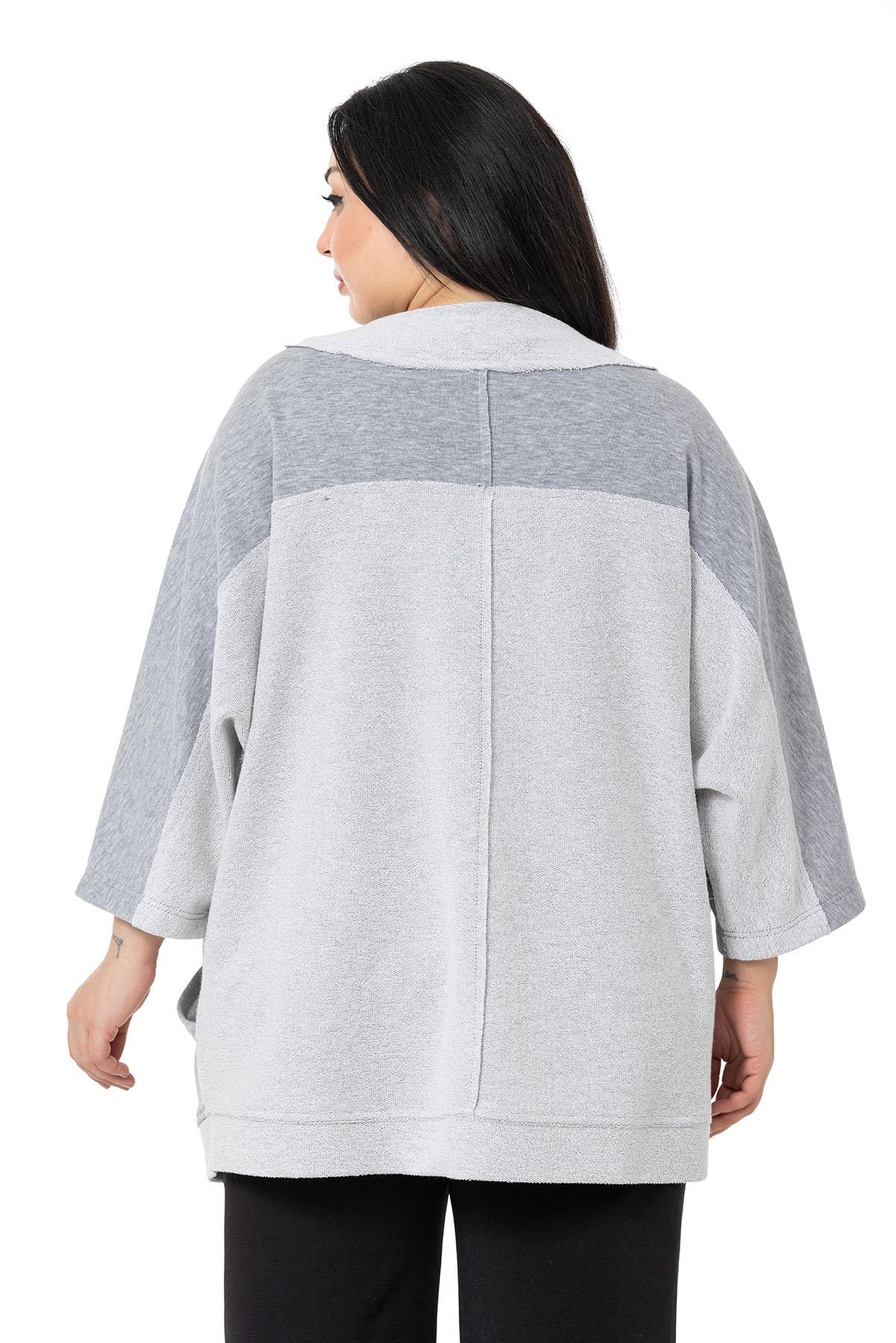 Büyük Beden Truvakar Kollu Oversize Cepli Üç İplik Gri Melanj Hırka