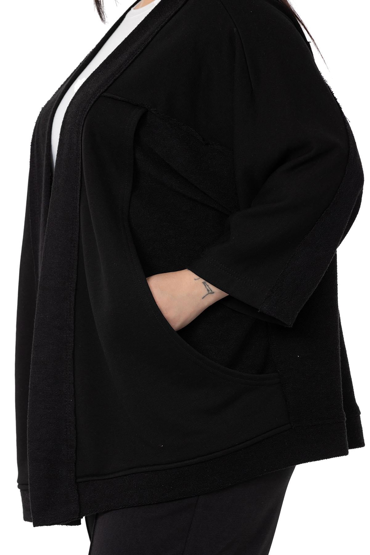 Plus Size Three Quarter Sleeve Oversize Pocket Three Thread Black Cardigan