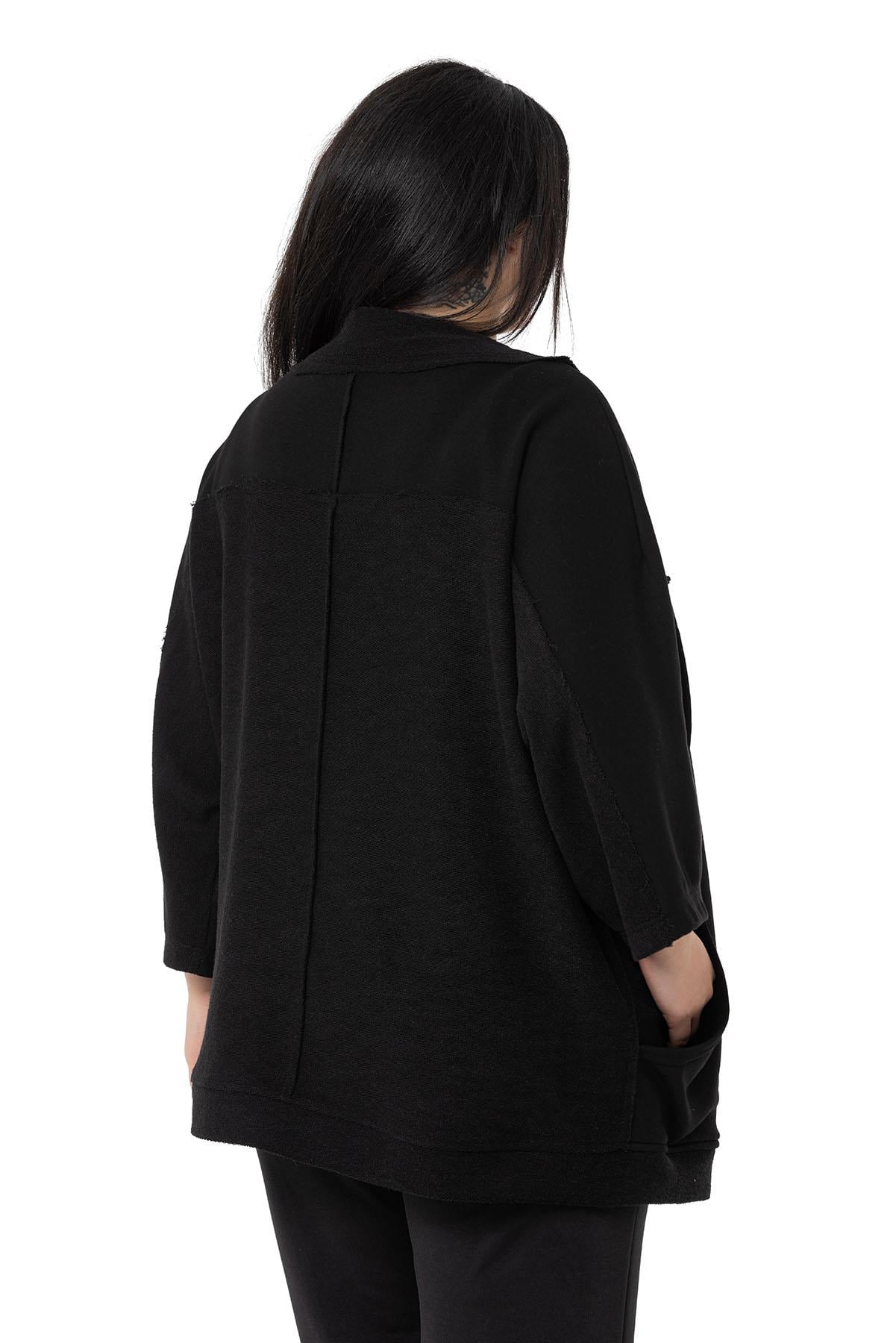 Plus Size Three Quarter Sleeve Oversize Pocket Three Thread Black Cardigan