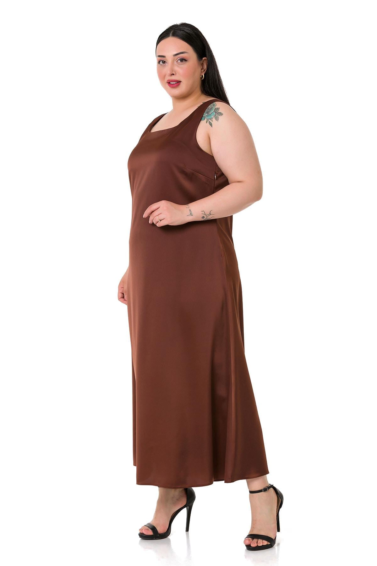 Plus Size U Neck Satin Brown Long Dress