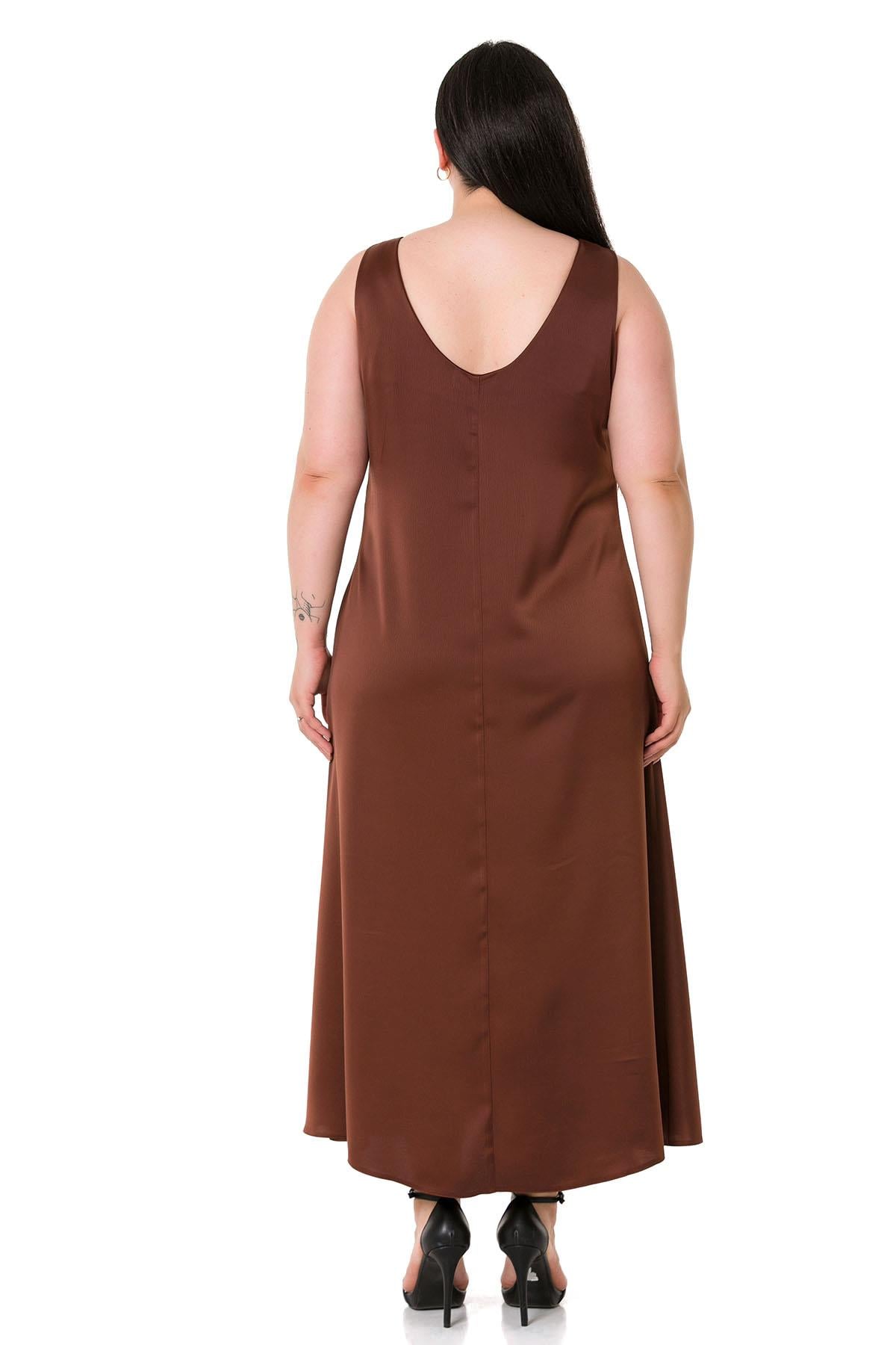 Plus Size U Neck Satin Brown Long Dress
