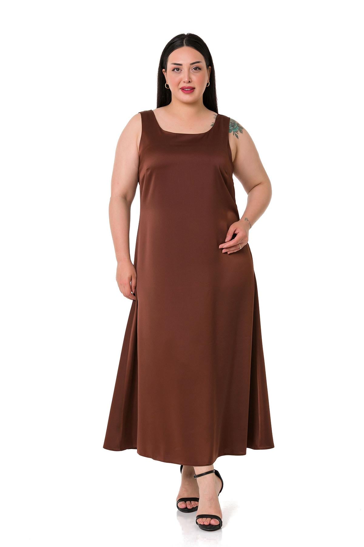 Plus Size U Neck Satin Brown Long Dress
