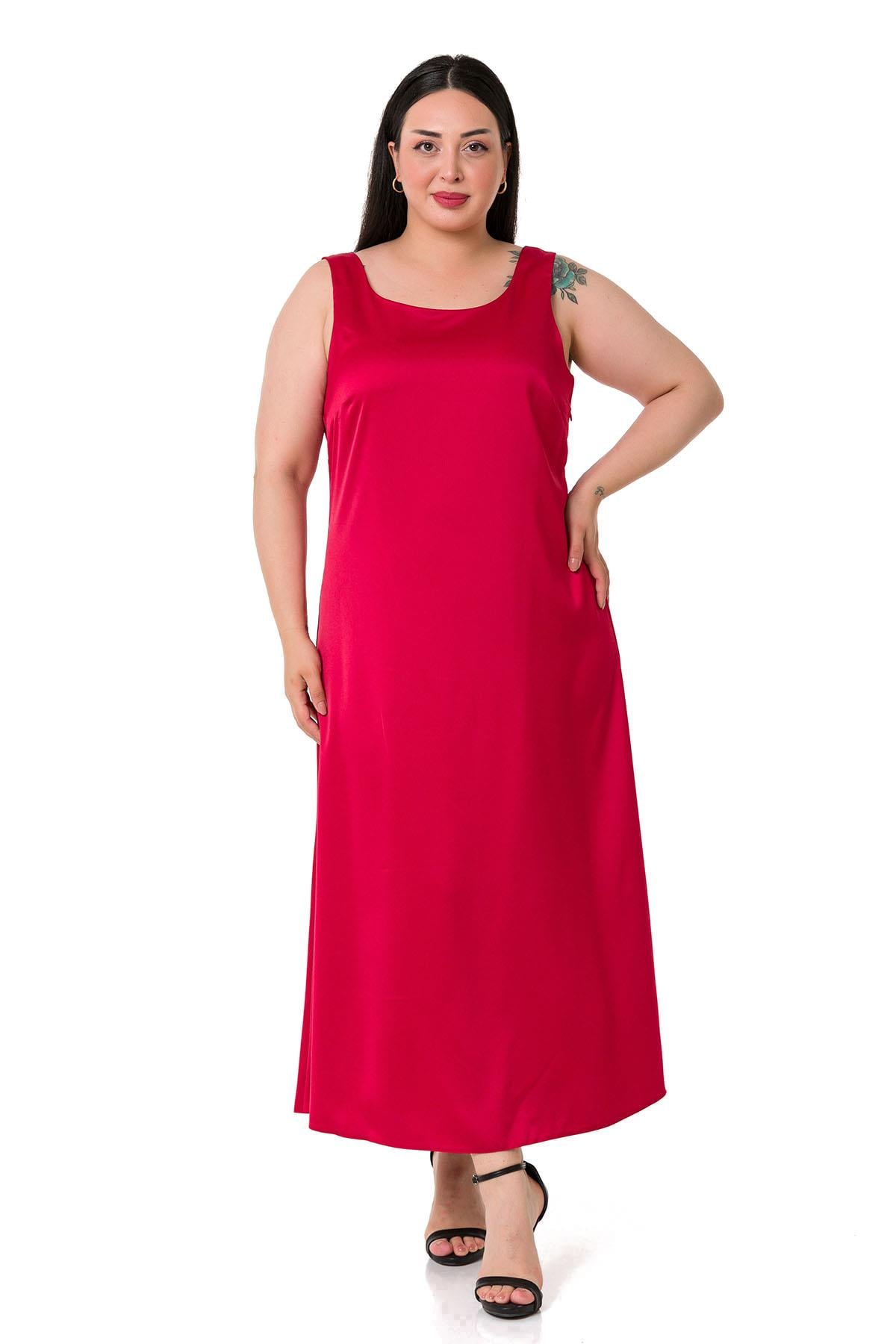 Plus Size U Neck Satin Red Long Dress
