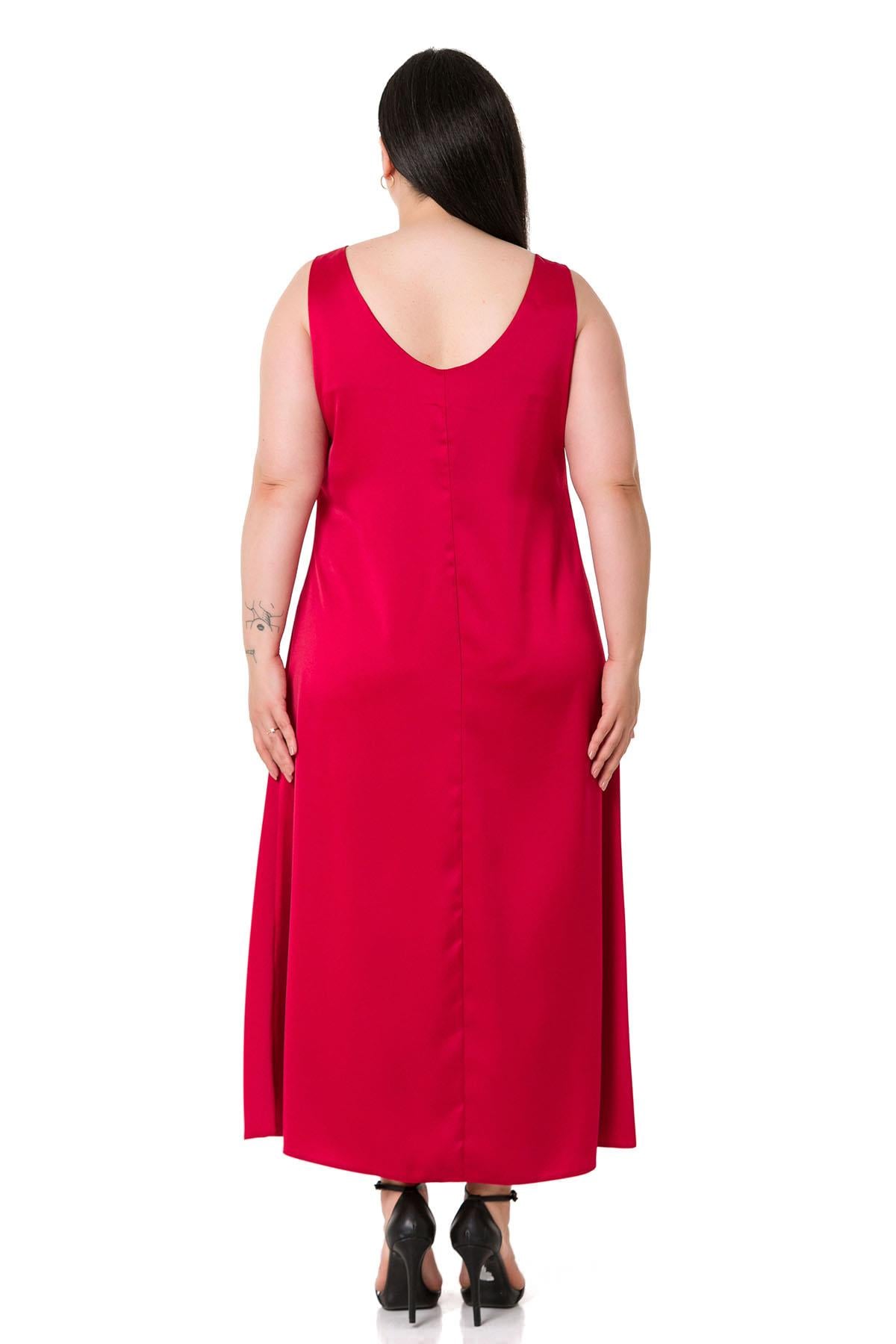 Plus Size U Neck Satin Red Long Dress