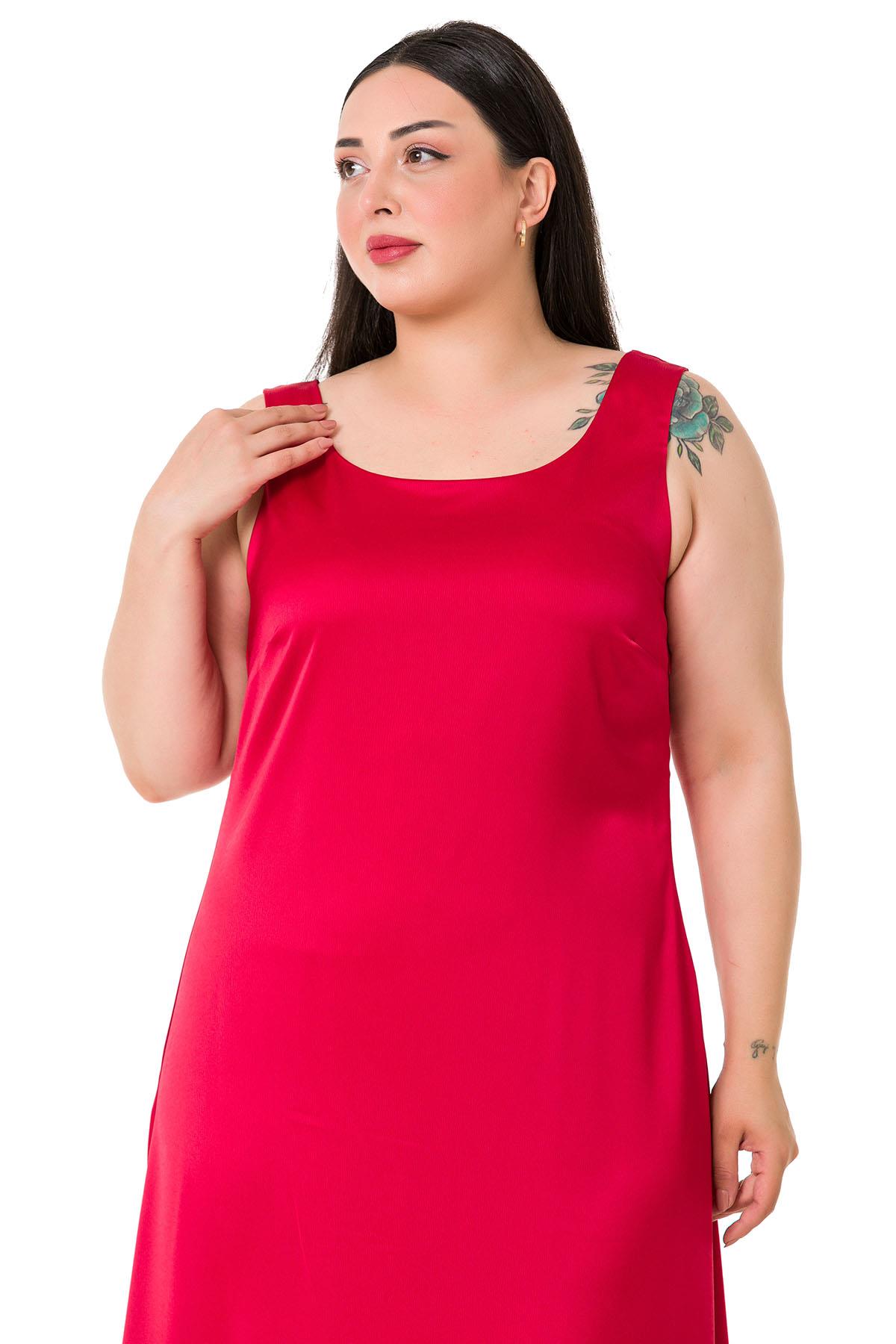 Plus Size U Neck Satin Red Long Dress