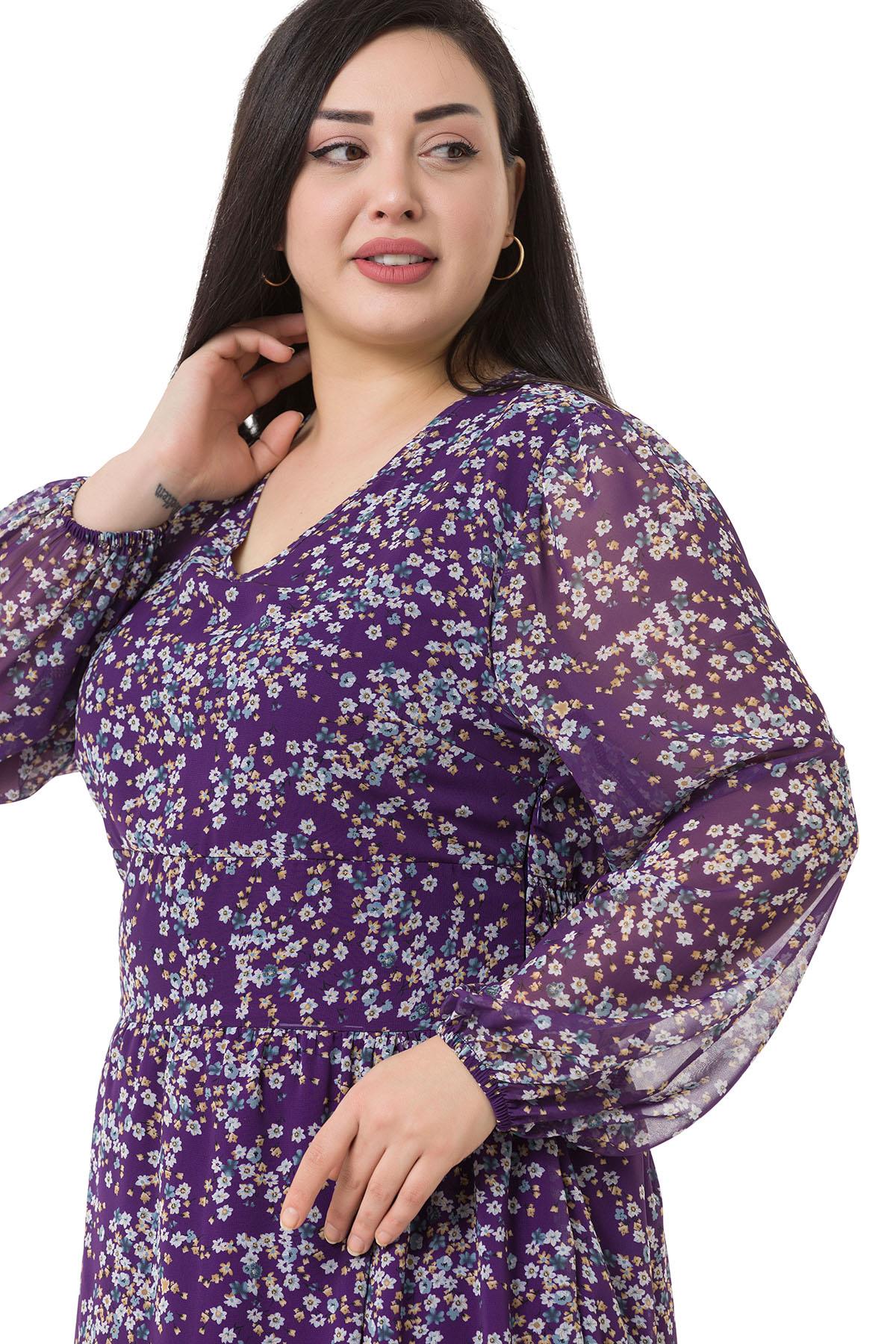 Plus Size V-Neck Chiffon Long Lined Plum Dress with Elastic Waist and Cuffs