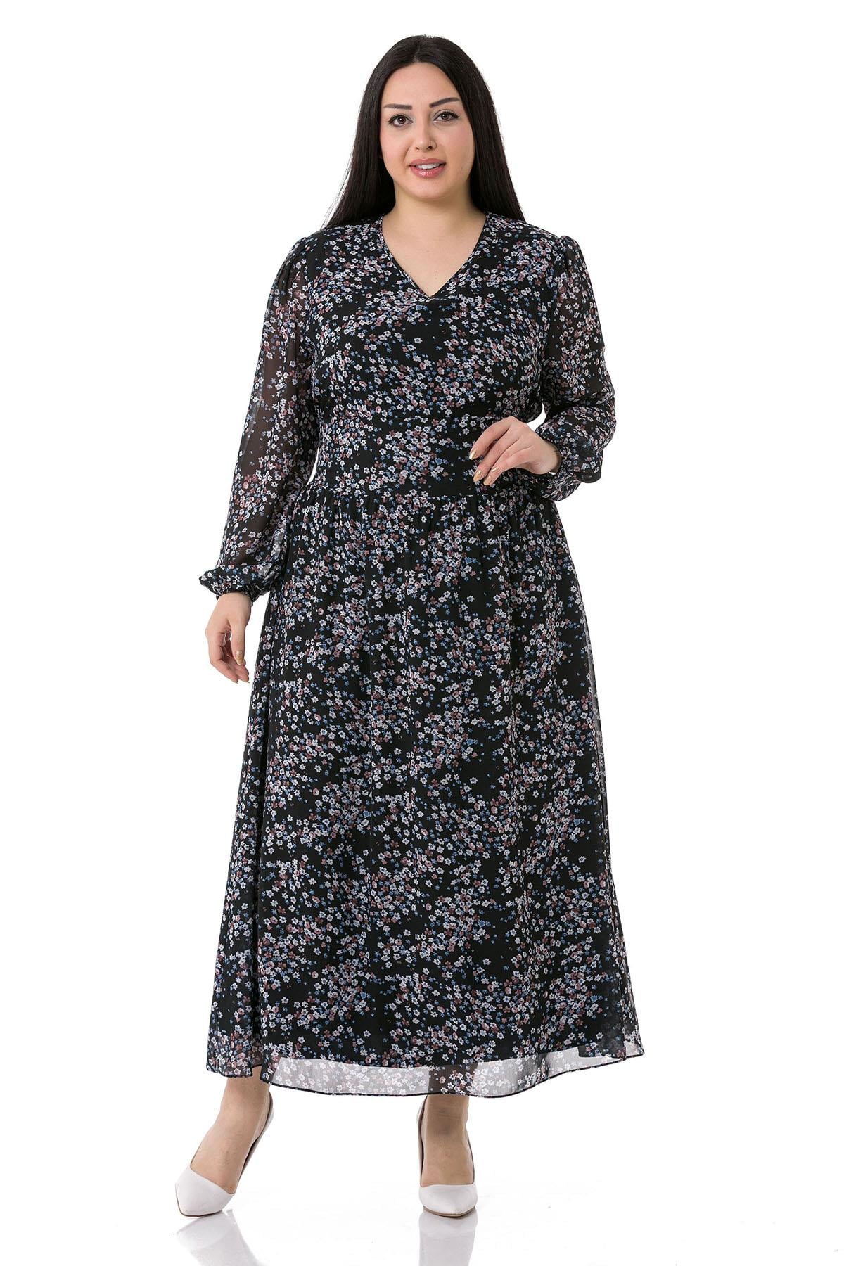 Plus Size V-Neck Chiffon Long Lined Black Dress with Elastic Waist and Cuffs