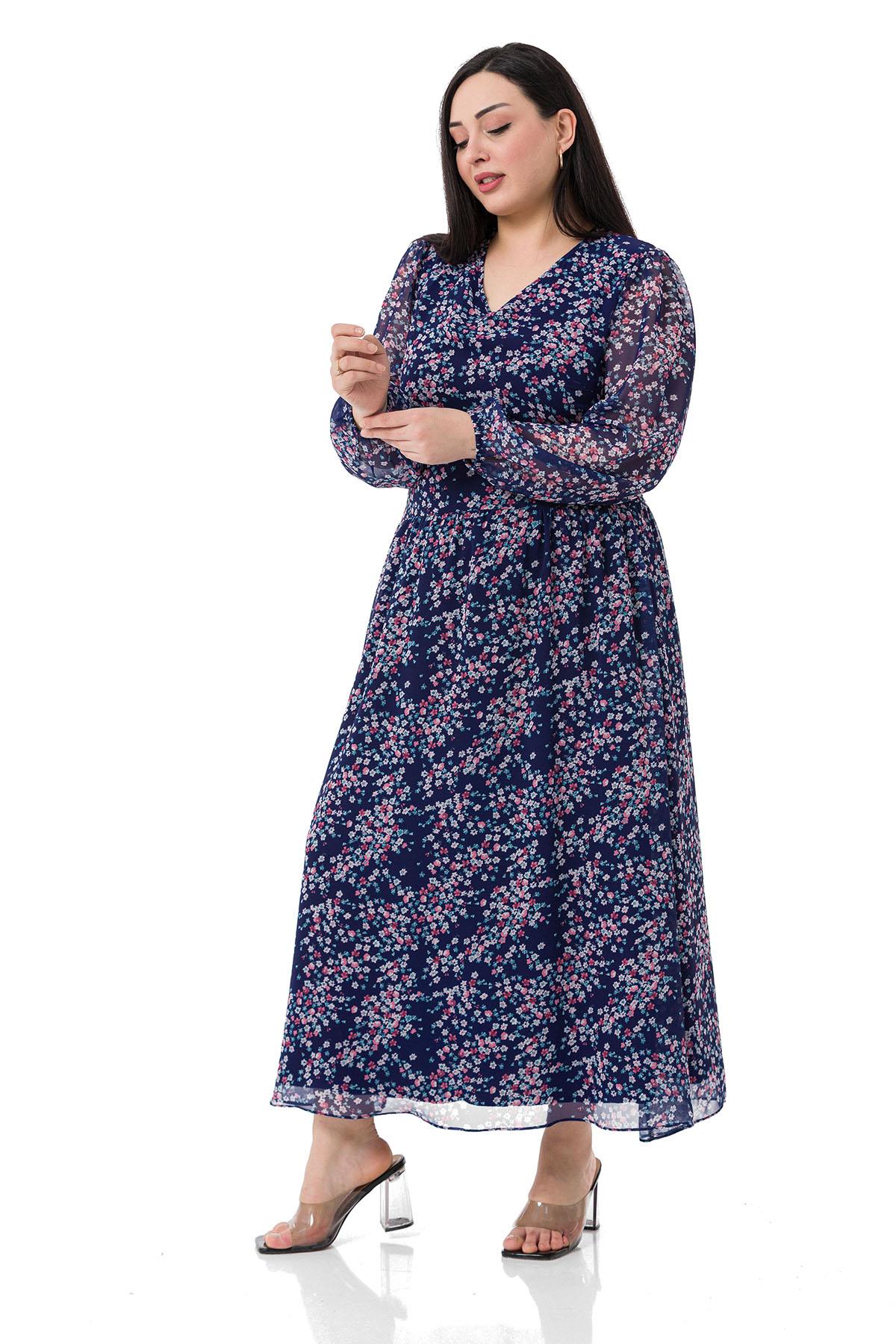 Plus Size V-Neck Chiffon Long Lined Navy Blue Dress with Elastic Waist and Cuffs
