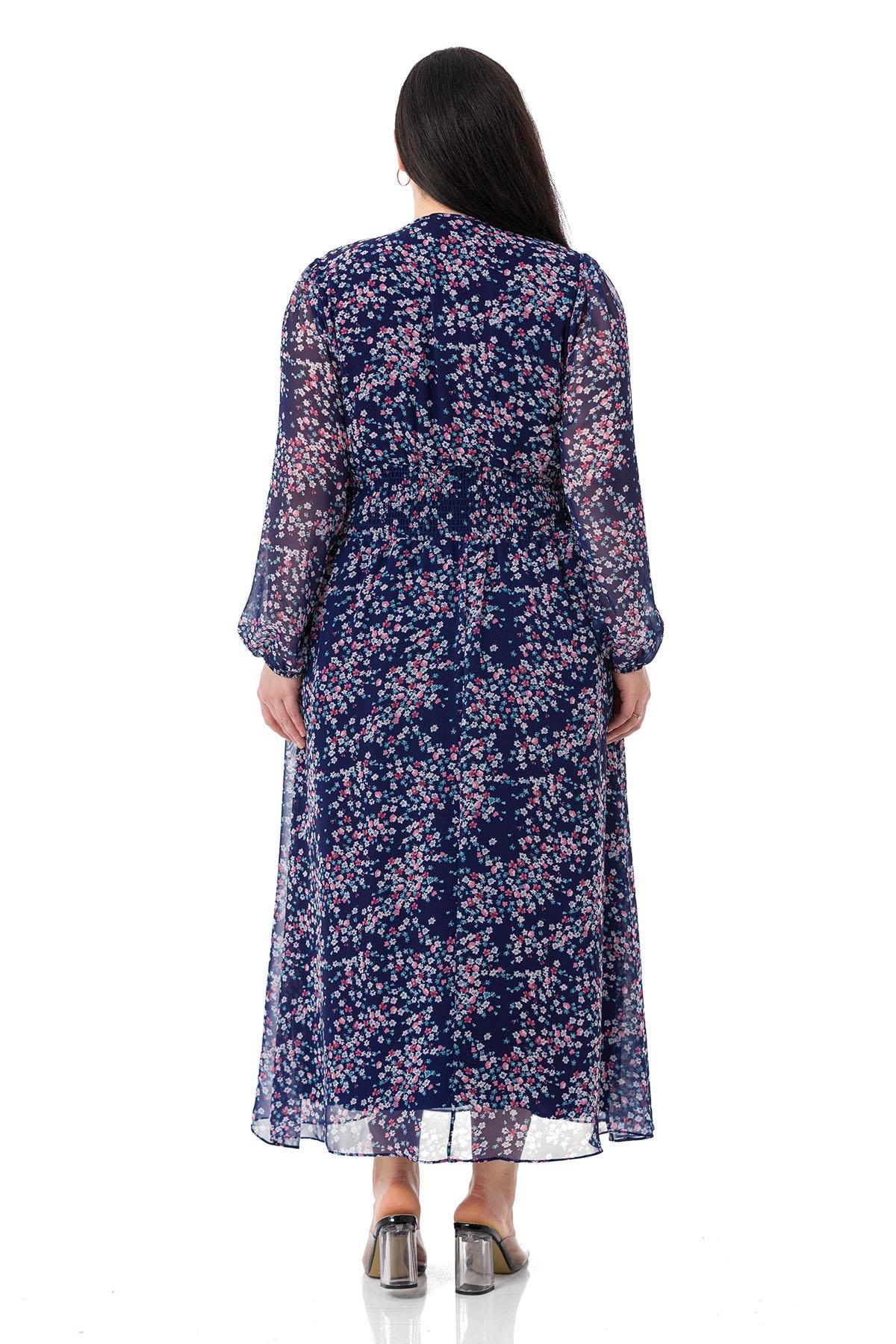 Plus Size V-Neck Chiffon Long Lined Navy Blue Dress with Elastic Waist and Cuffs