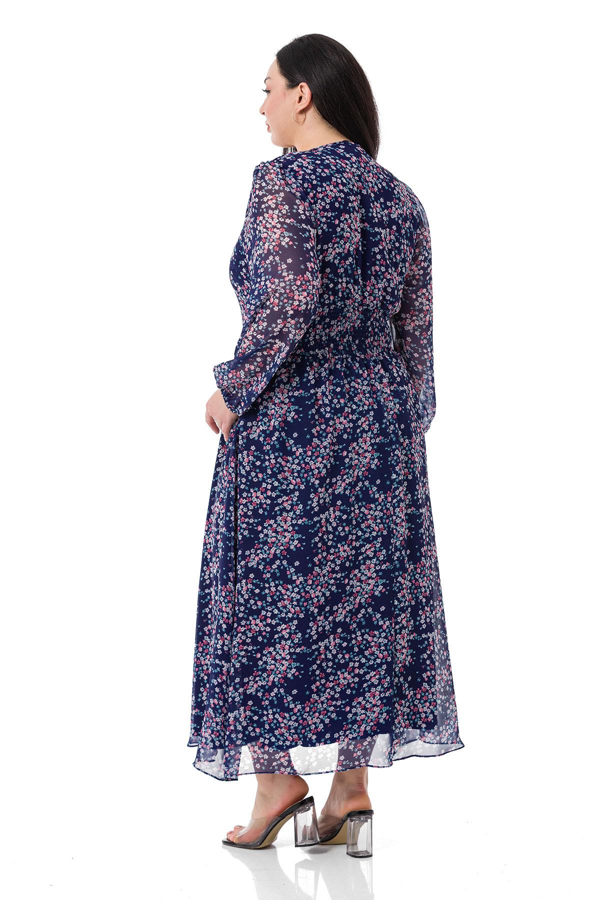 Plus Size V-Neck Chiffon Long Lined Navy Blue Dress with Elastic Waist and Cuffs