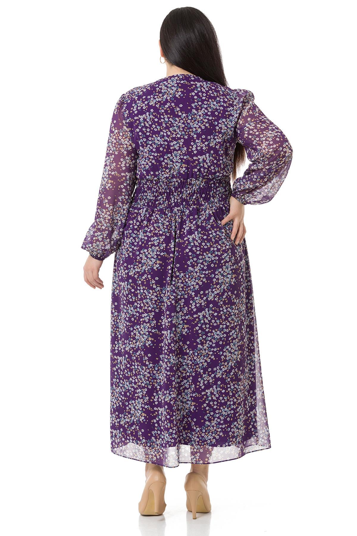 Plus Size V-Neck Chiffon Long Lined Plum Dress with Elastic Waist and Cuffs