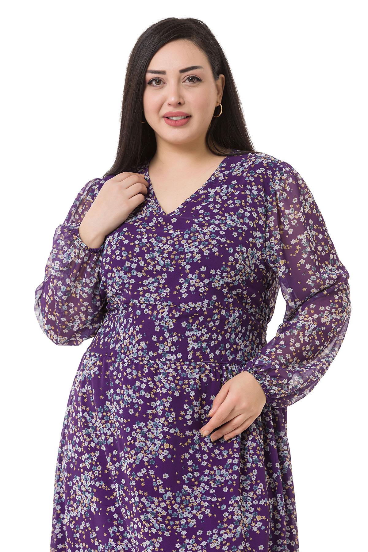 Plus Size V-Neck Chiffon Long Lined Plum Dress with Elastic Waist and Cuffs