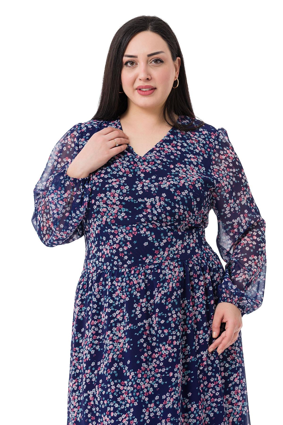 Plus Size V-Neck Chiffon Long Lined Navy Blue Dress with Elastic Waist and Cuffs