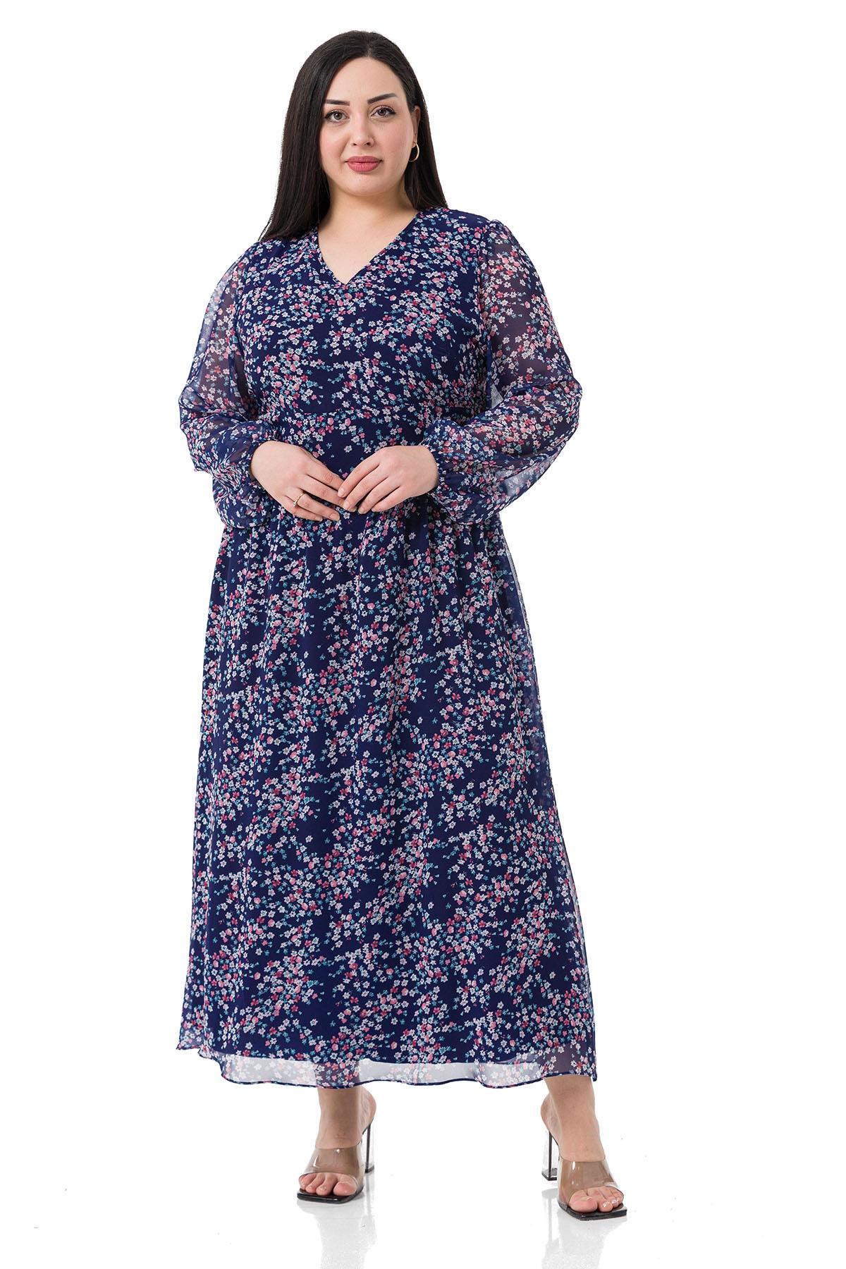 Plus Size V-Neck Chiffon Long Lined Navy Blue Dress with Elastic Waist and Cuffs