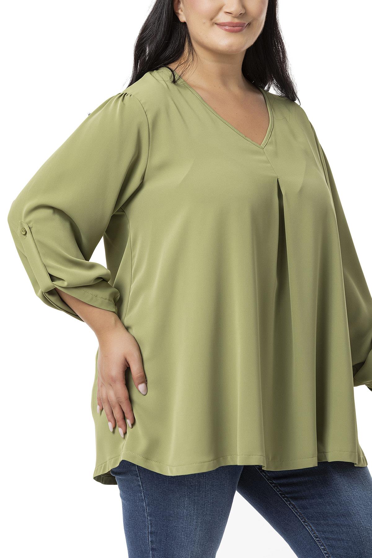 Plus Size V Neck Front Pleated Folded Sleeve Shamrock Blouse